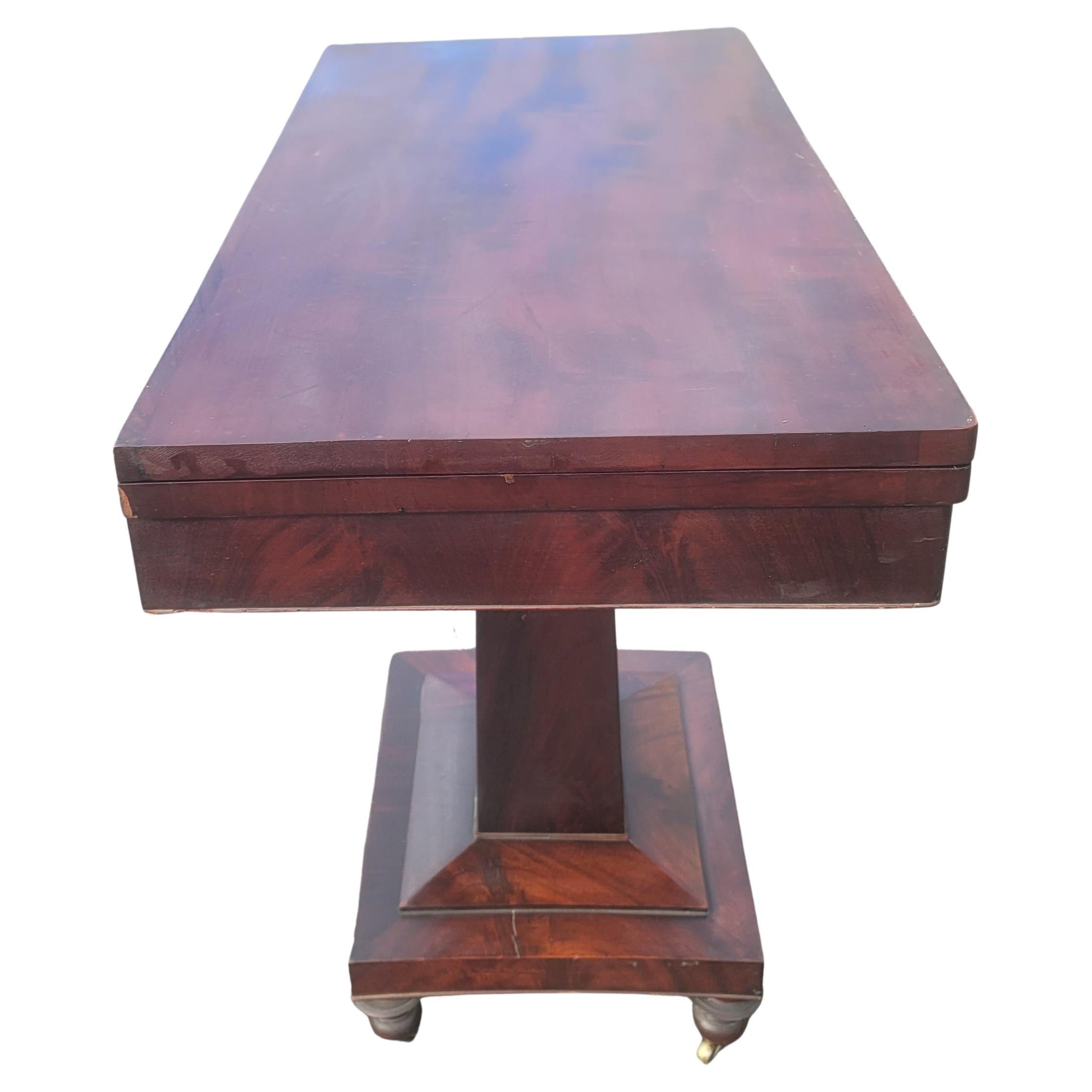 19th Century Antique American Empire Pedestal Console, Card / Games Table in Flame Mahogany For Sale