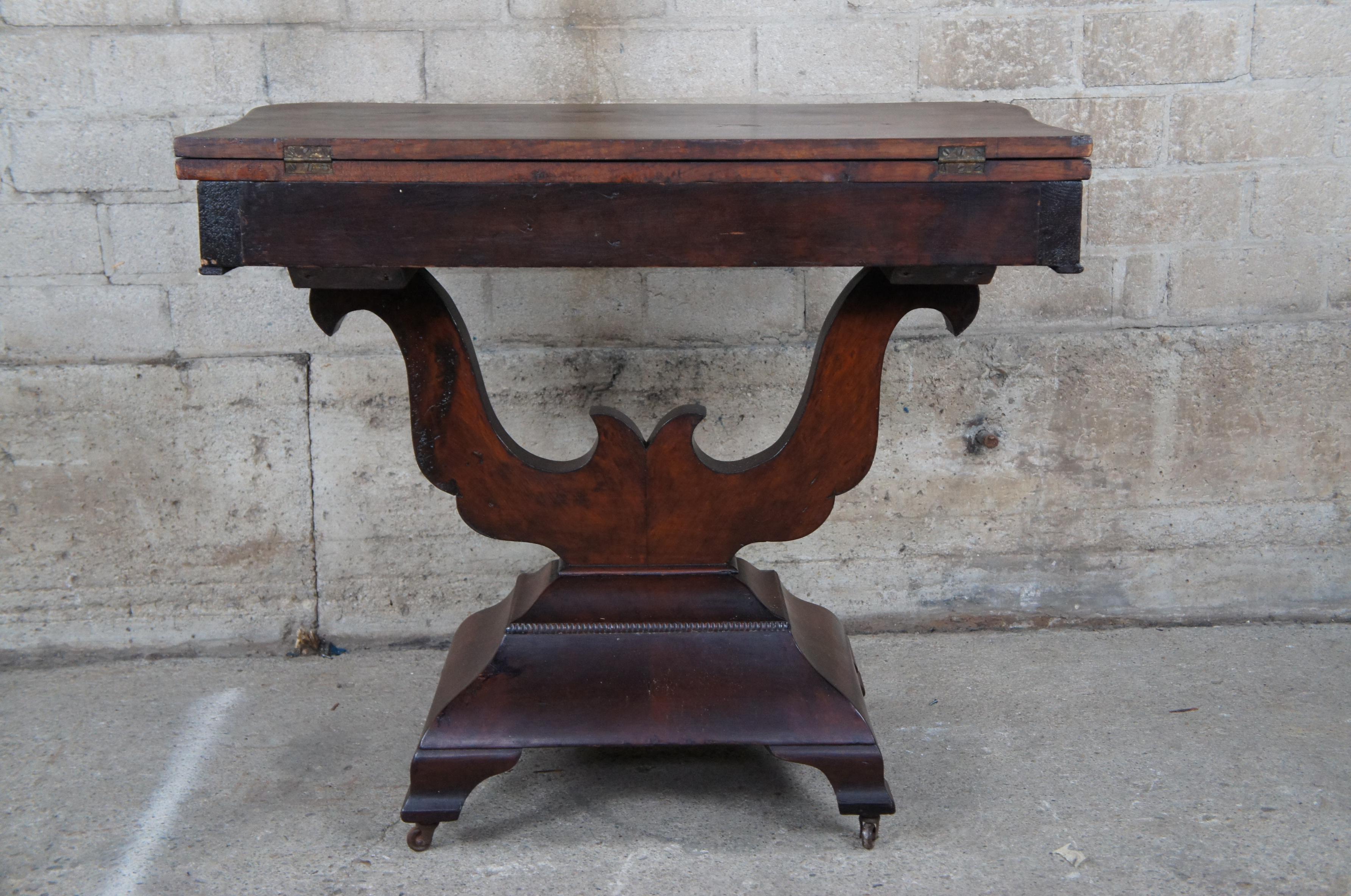 19th Century Antique American Empire Pillar & Scroll Flame Mahogany Flip Top Game Table