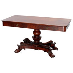 Antique American Empire Quervelle School Flame Mahogany Library Table, c 1840