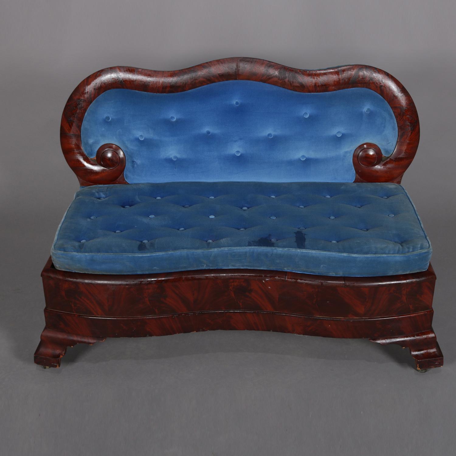 An antique American Empire Quervelle School slipper sofa features flame mahogany scroll form frame with ogee base and button back velvet upholstery, circa 1840

***DELIVERY NOTICE – Due to COVID-19 we are employing NO-CONTACT PRACTICES in the