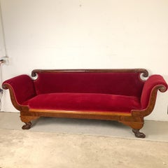 Antique American Empire Revival Mahogany Scroll-Arm Settee, Carved Paw Feet