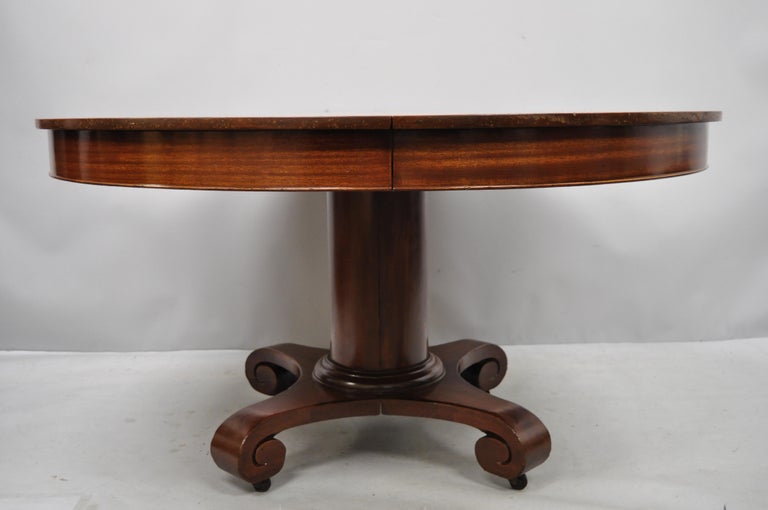 Antique American Empire Round Pedestal Base Mahogany Dining Table For