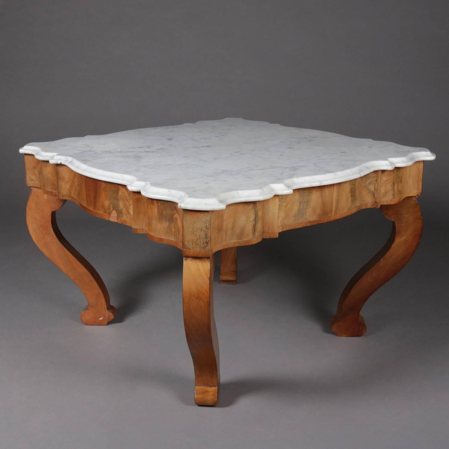 Beveled Antique American Empire Scalloped Flame Mahogany Marble Top Coffee Table