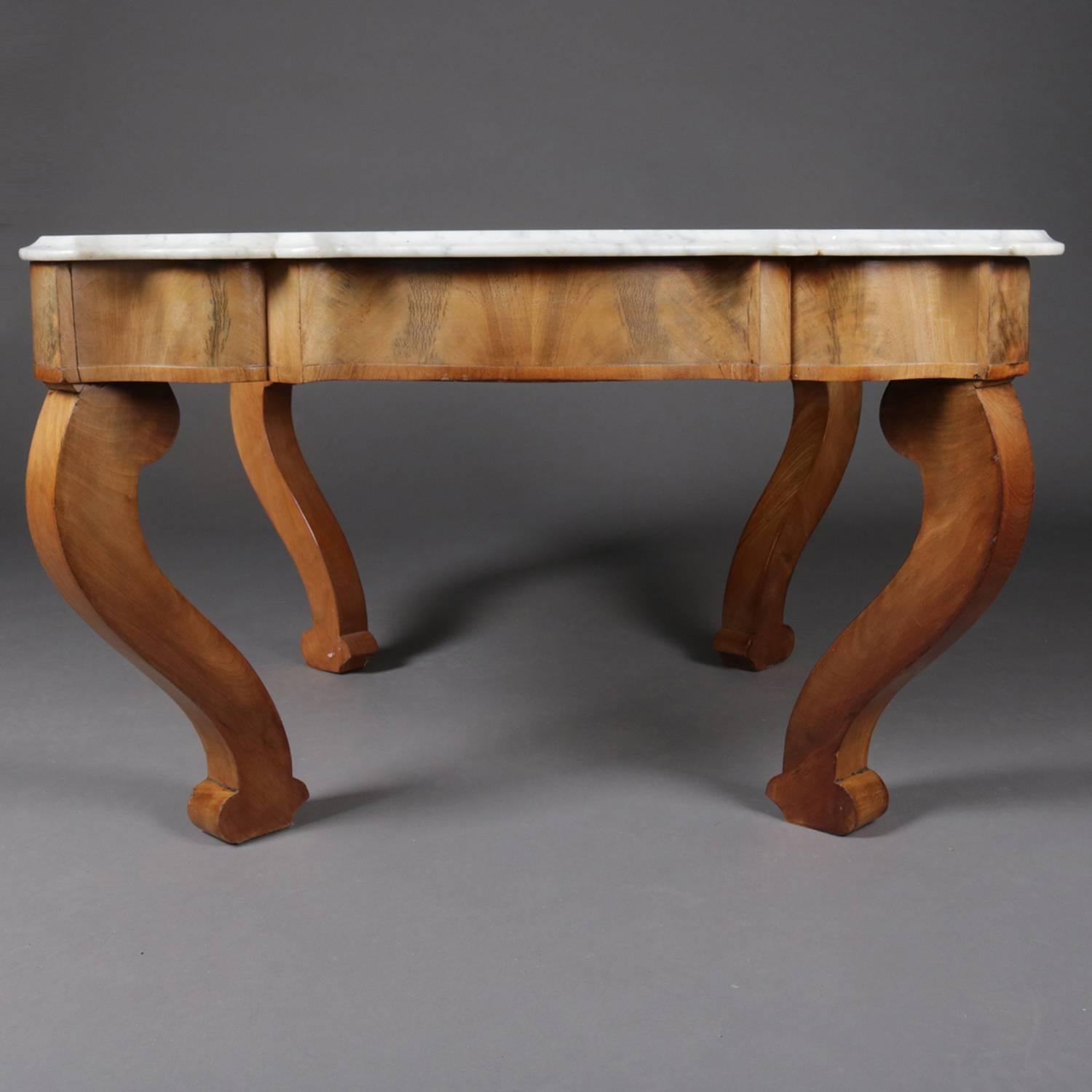 19th Century Antique American Empire Scalloped Flame Mahogany Marble Top Coffee Table