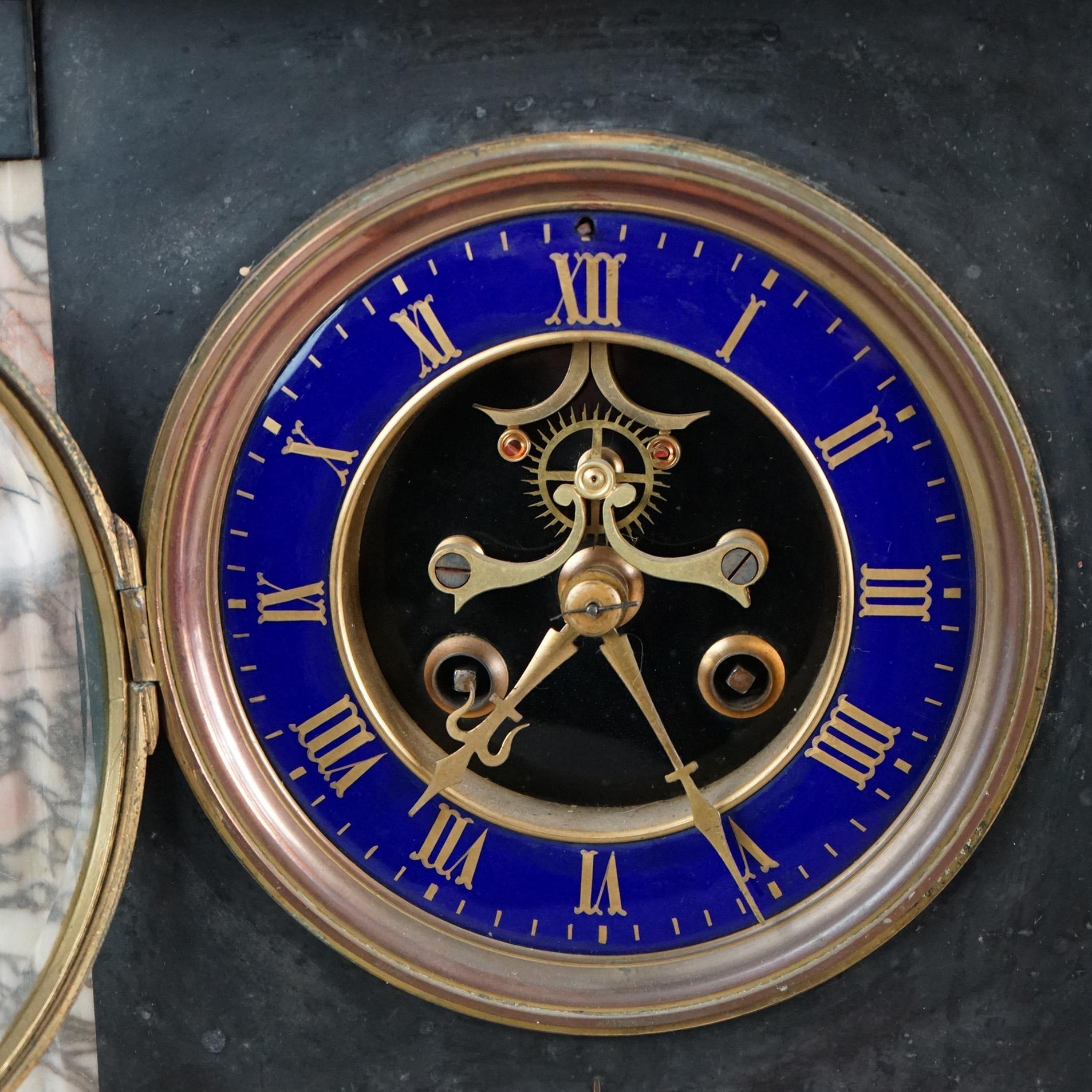 Antique American Empire Slate & Marble Clock with Blue Enamel Open Escapement, c1910

Measures - 16 3/8