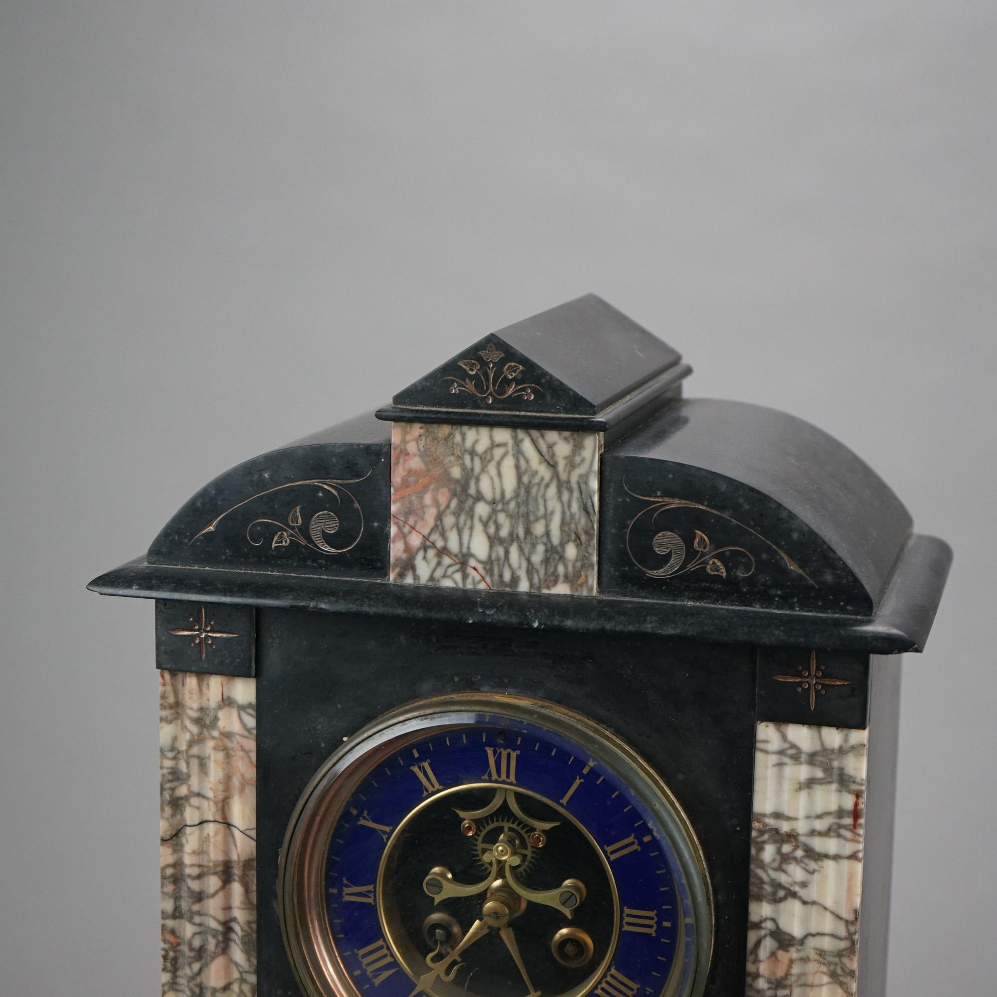 Antique American Empire Slate & Marble Clock with Blue Enamel Open Escapement In Good Condition For Sale In Big Flats, NY