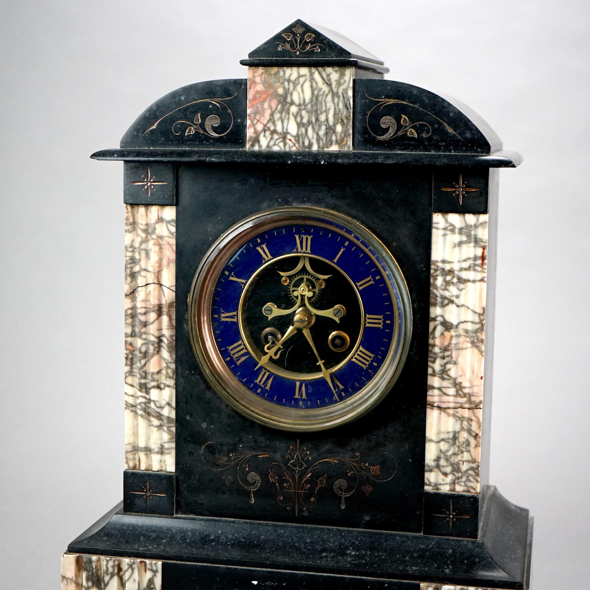 20th Century Antique American Empire Slate & Marble Clock with Blue Enamel Open Escapement For Sale