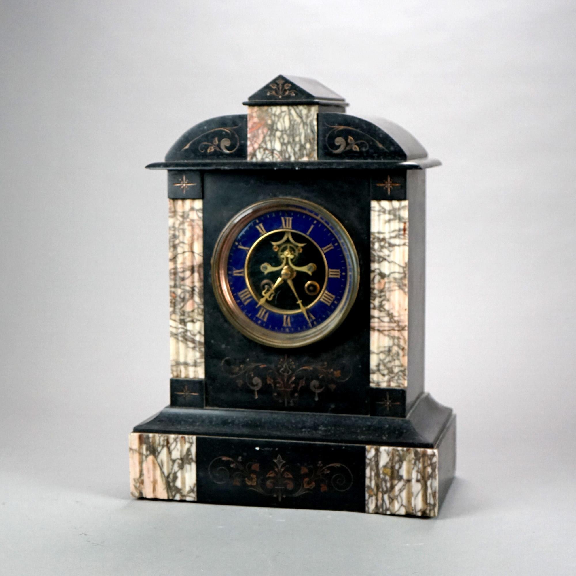 Antique American Empire Slate & Marble Clock with Blue Enamel Open Escapement For Sale 1