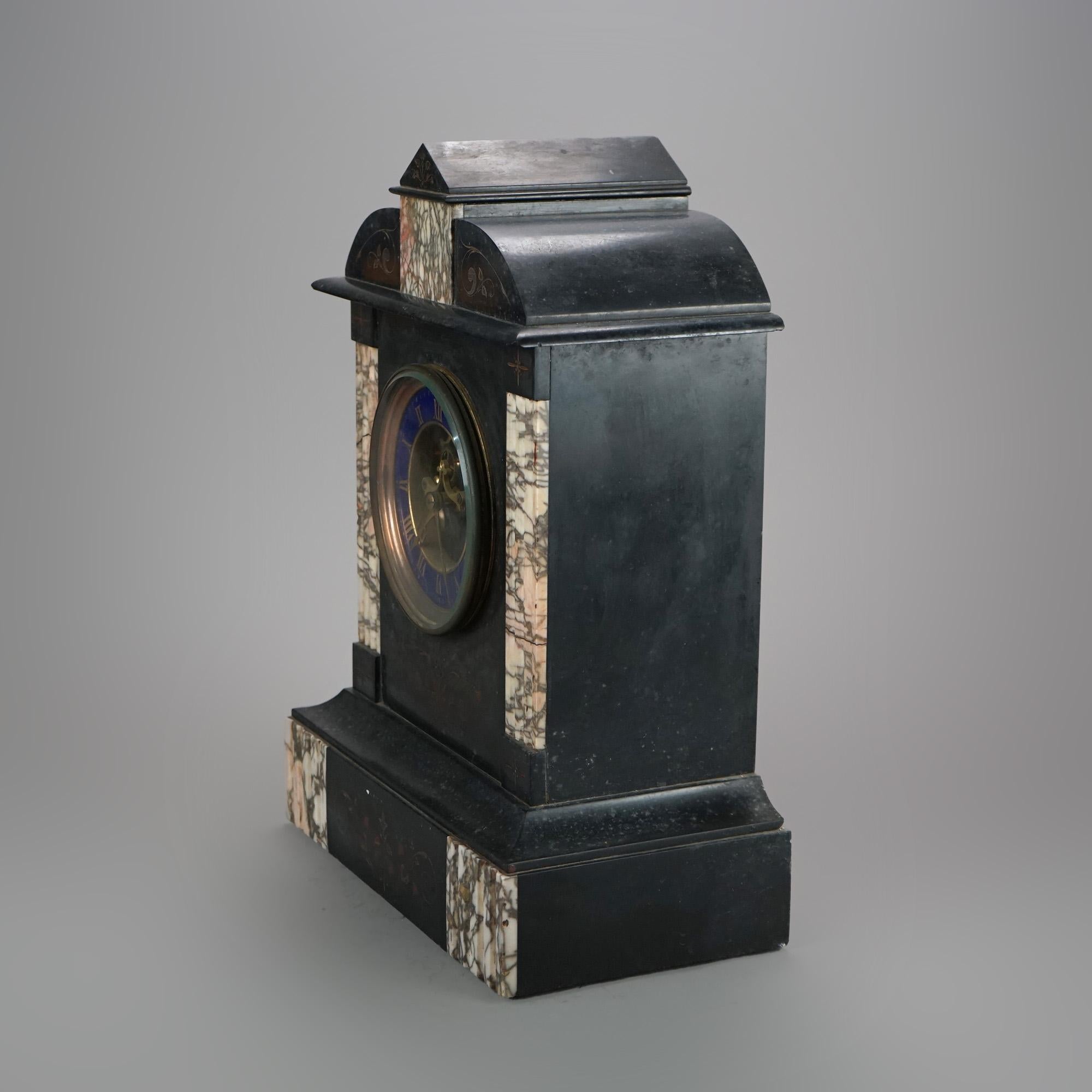 Antique American Empire Slate & Marble Clock with Blue Enamel Open Escapement For Sale 2