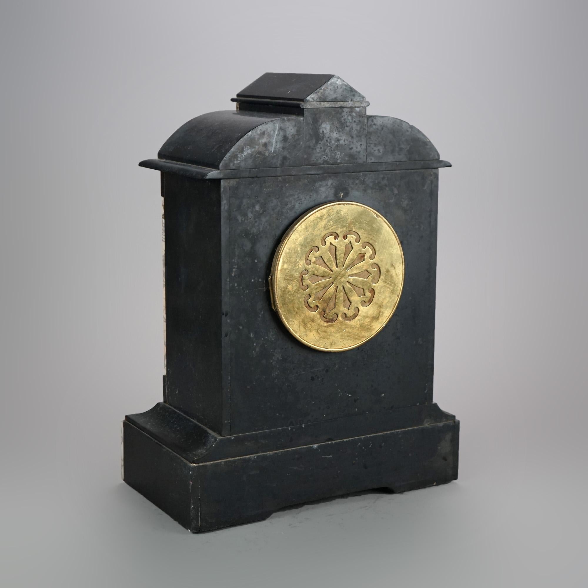 Antique American Empire Slate & Marble Clock with Blue Enamel Open Escapement For Sale 3
