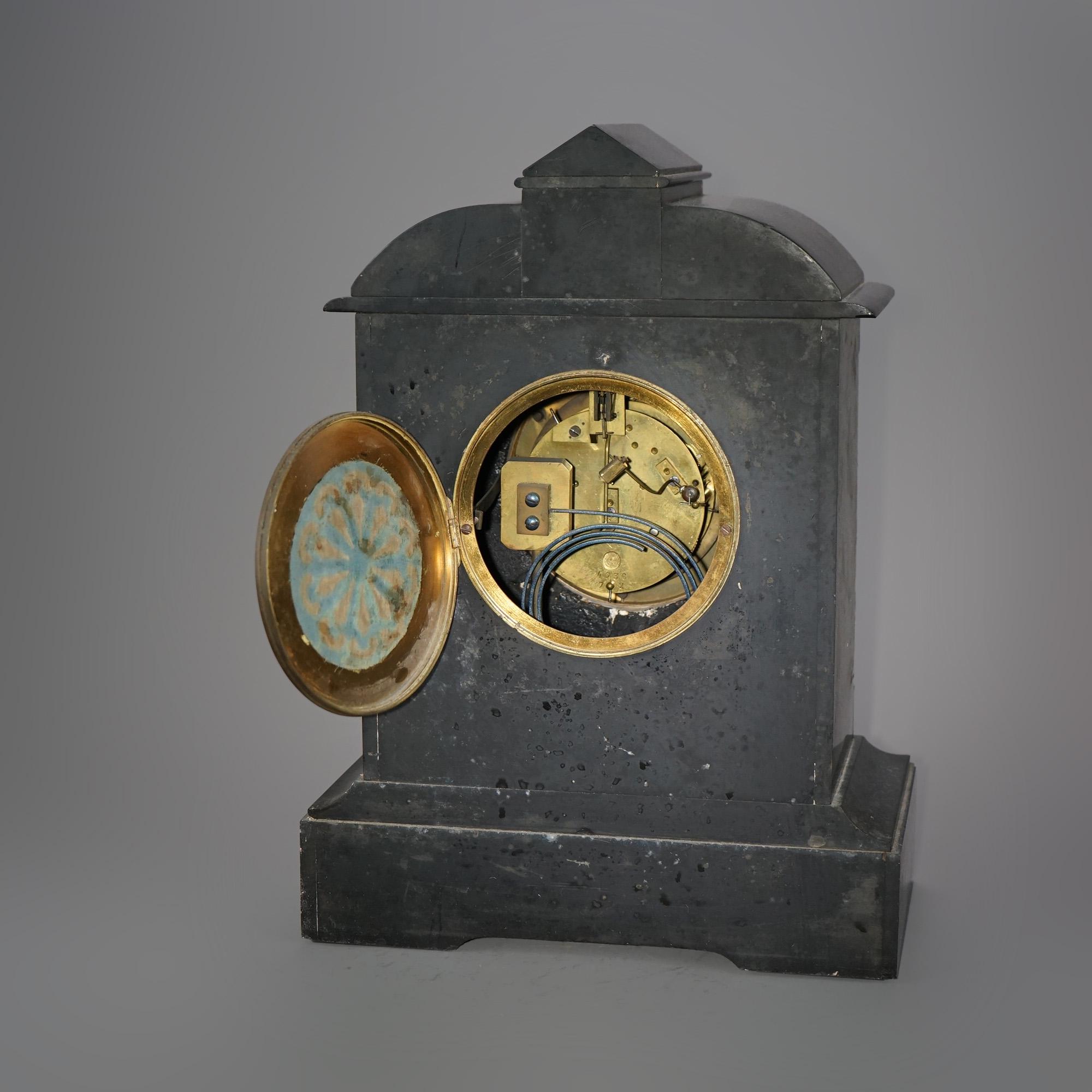 Antique American Empire Slate & Marble Clock with Blue Enamel Open Escapement For Sale 4