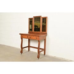 Antique American Empire Tiger Oak Vanity Dressing Table With Mirror, Circa 1900
