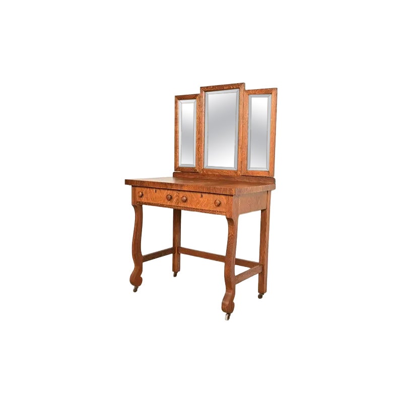 Antique American Empire Tiger Oak Vanity Dressing Table With Mirror, Circa 1900