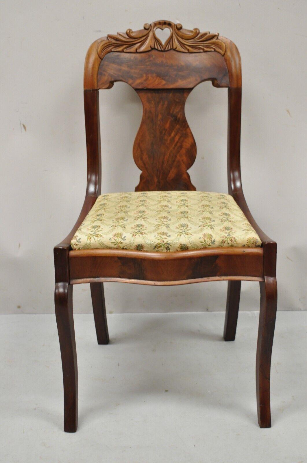 Antique American Empire Victorian Crotch mahogany carved accent side chair. Item features beautiful wood grain, nicely carved details, very nice antique item, great style and form. Circa 19th century. Measurements: 32.25