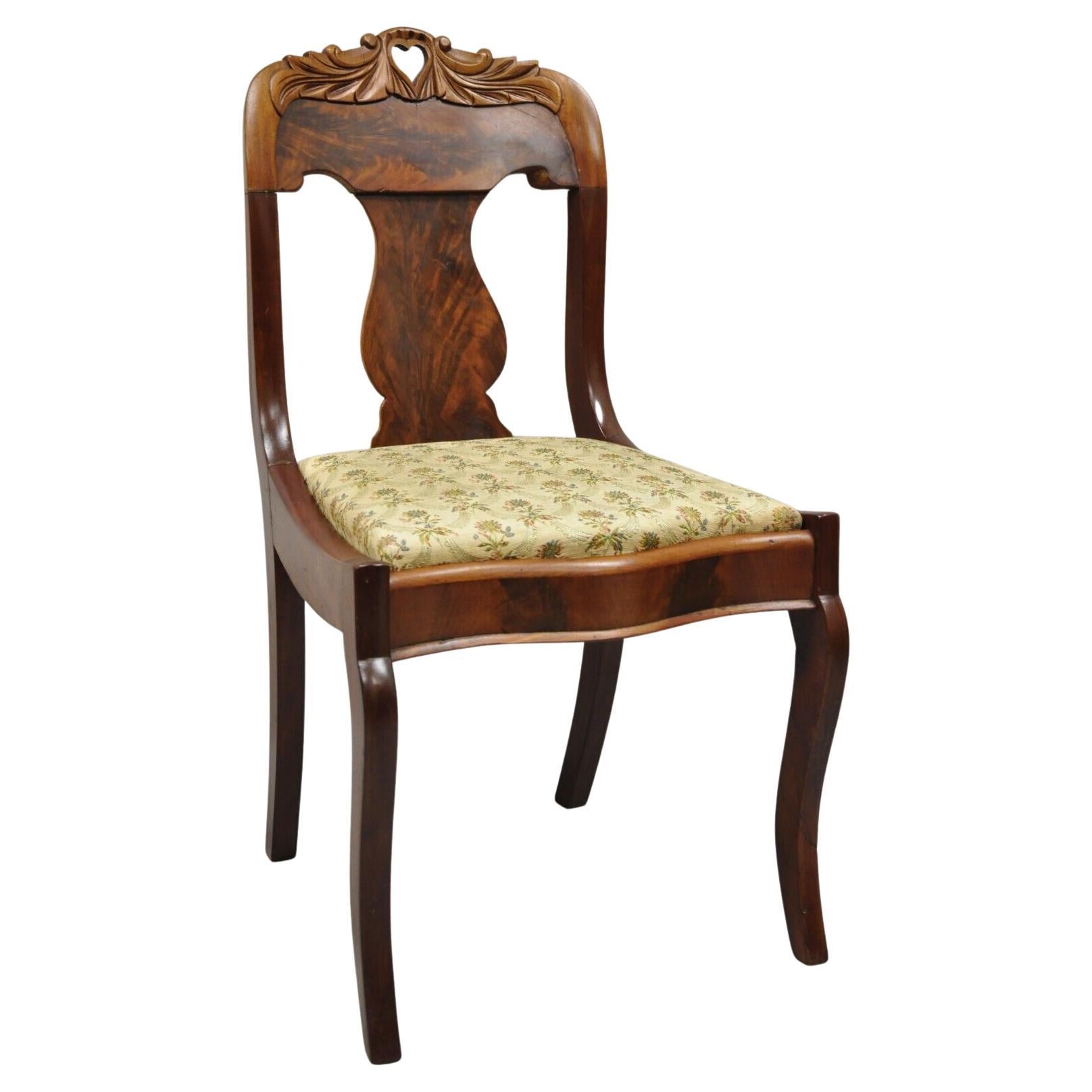 Antique American Empire Victorian Crotch Mahogany Carved Accent Side Chair For Sale