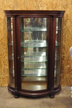 Antique American Empire Victorian Oak Wood Bowed Glass China Cabinet Curio