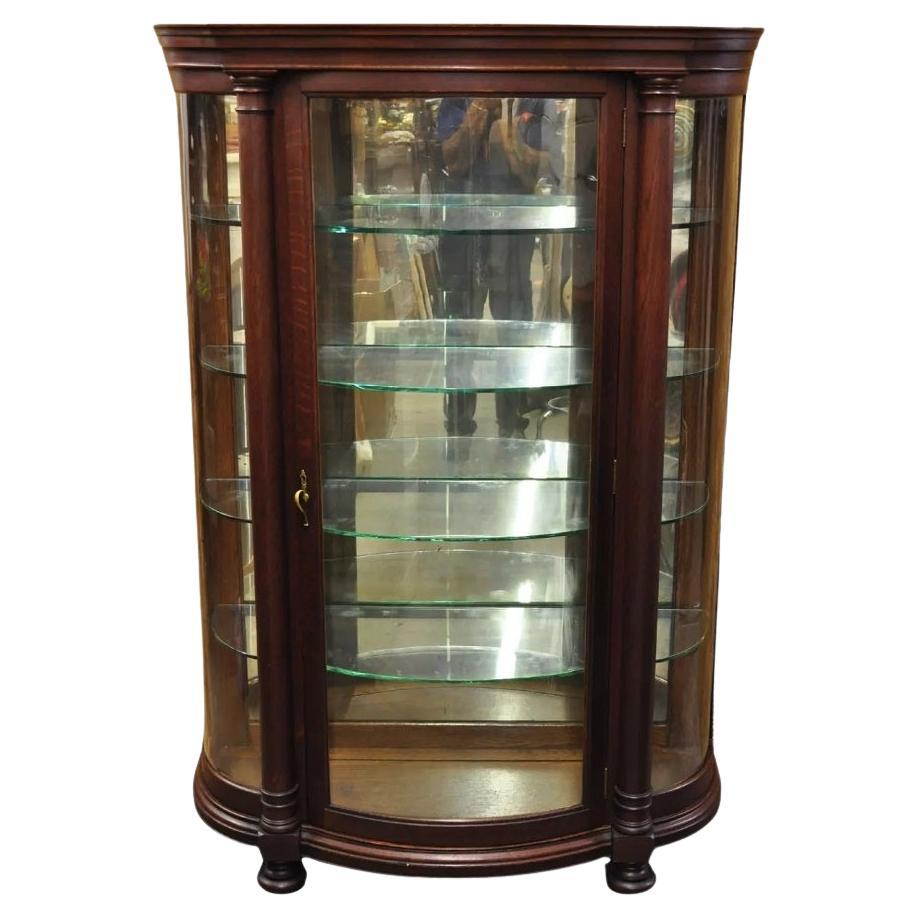 Antique American Empire Victorian Oak Wood Bowed Glass China Cabinet Curio