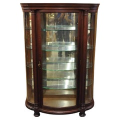 Antique American Empire Victorian Oak Wood Bowed Glass China Cabinet Curio