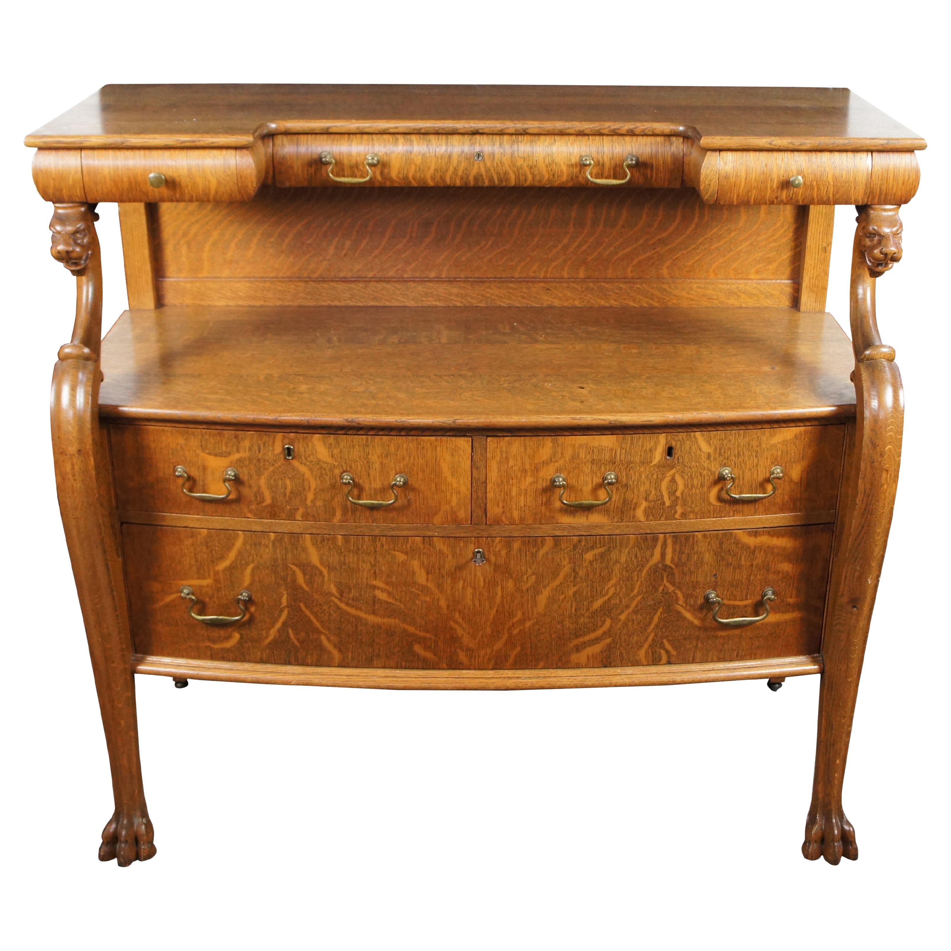 Buffet Serveur Buffet Figural en Chêne Tigré Victorien Empire Antique 48"