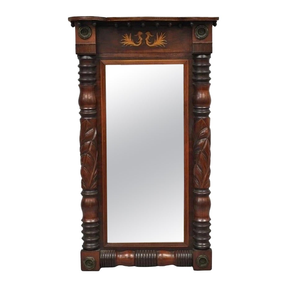 Antique American Empire Walnut Leaf Carved Wall Console Pier Mirror