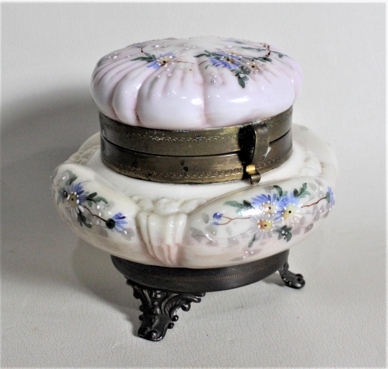 Victorian Antique American Enameled Glass Ladies Footed Dresser Jar or Jewelry Box For Sale