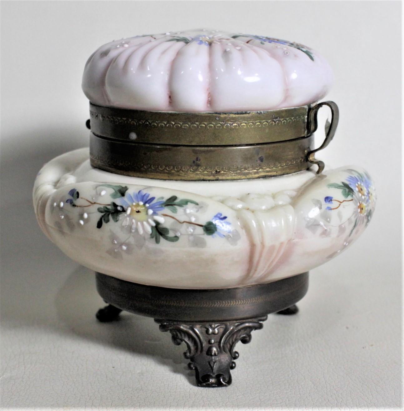 19th Century Antique American Enameled Glass Ladies Footed Dresser Jar or Jewelry Box For Sale