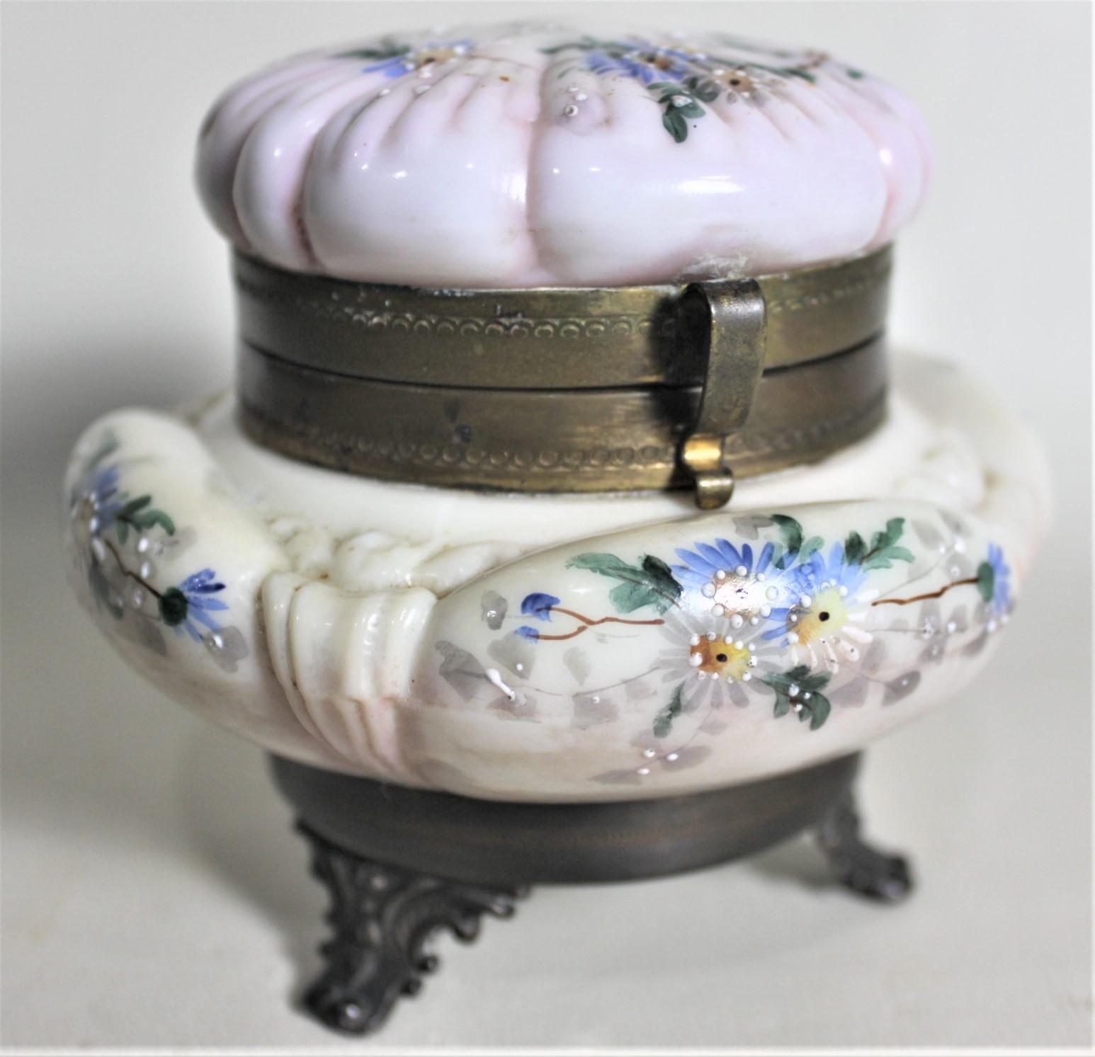 Brass Antique American Enameled Glass Ladies Footed Dresser Jar or Jewelry Box For Sale