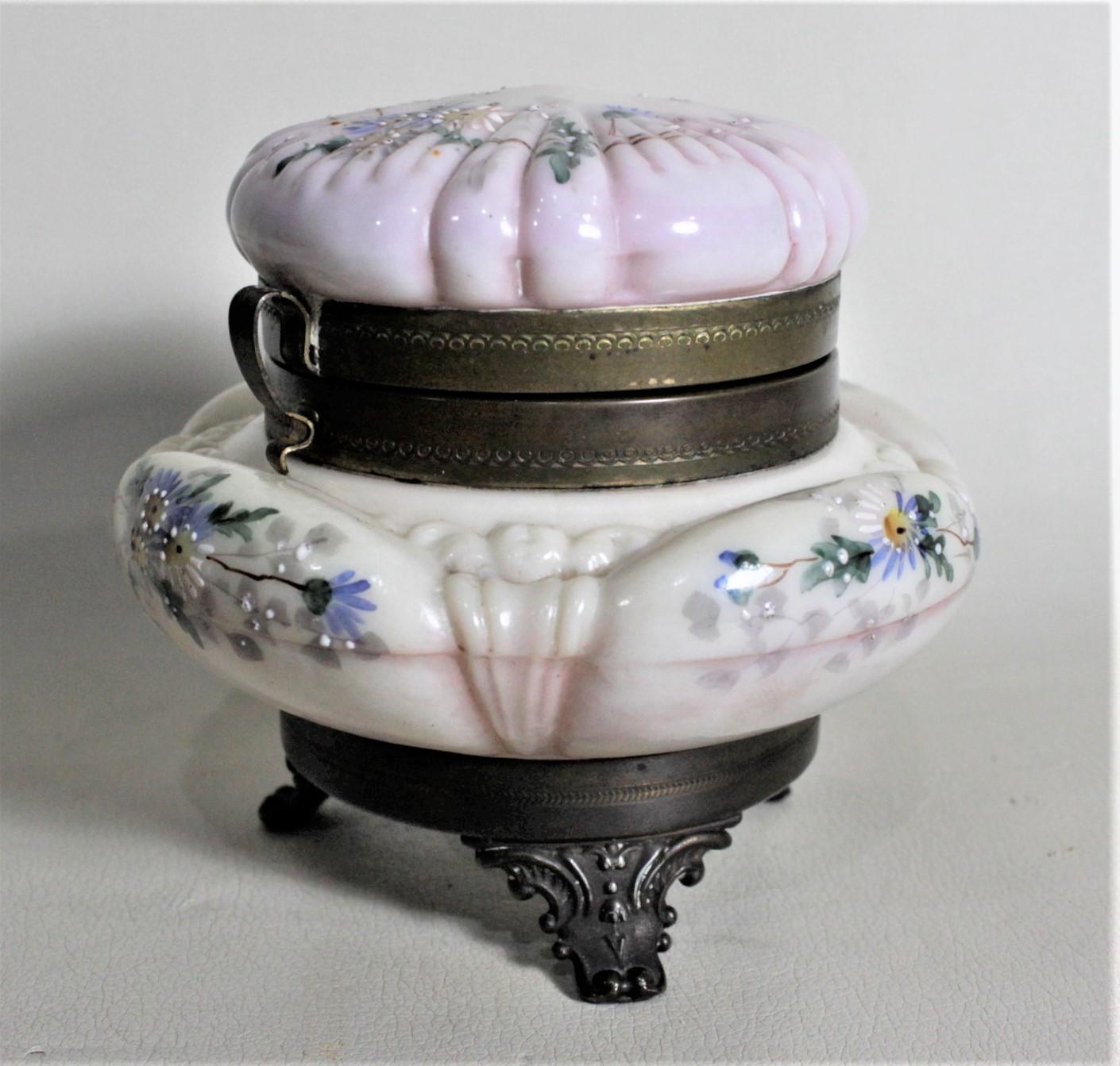 Antique American Enameled Glass Ladies Footed Dresser Jar or Jewelry Box For Sale 3