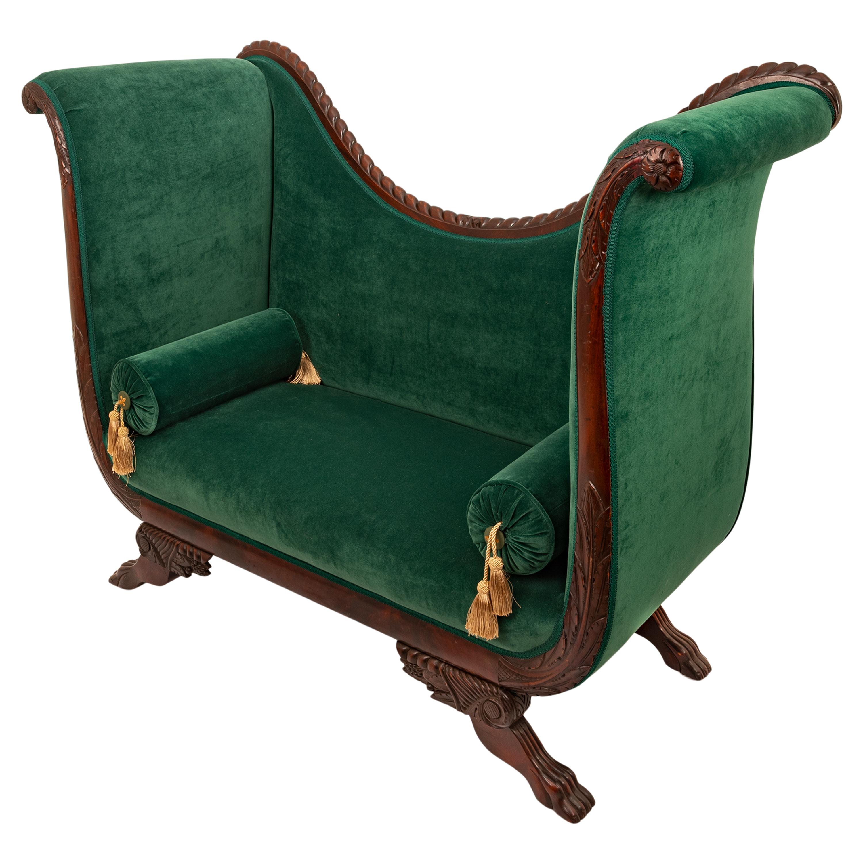A fine antique Federal Empire period carved flame mahogany high back / arm loveseat sofa, circa 1815, Mid Atlantic States, New York or Baltimore.
The sofa has just been professionally re-upholstered in a very high quality green velvet, the sofa