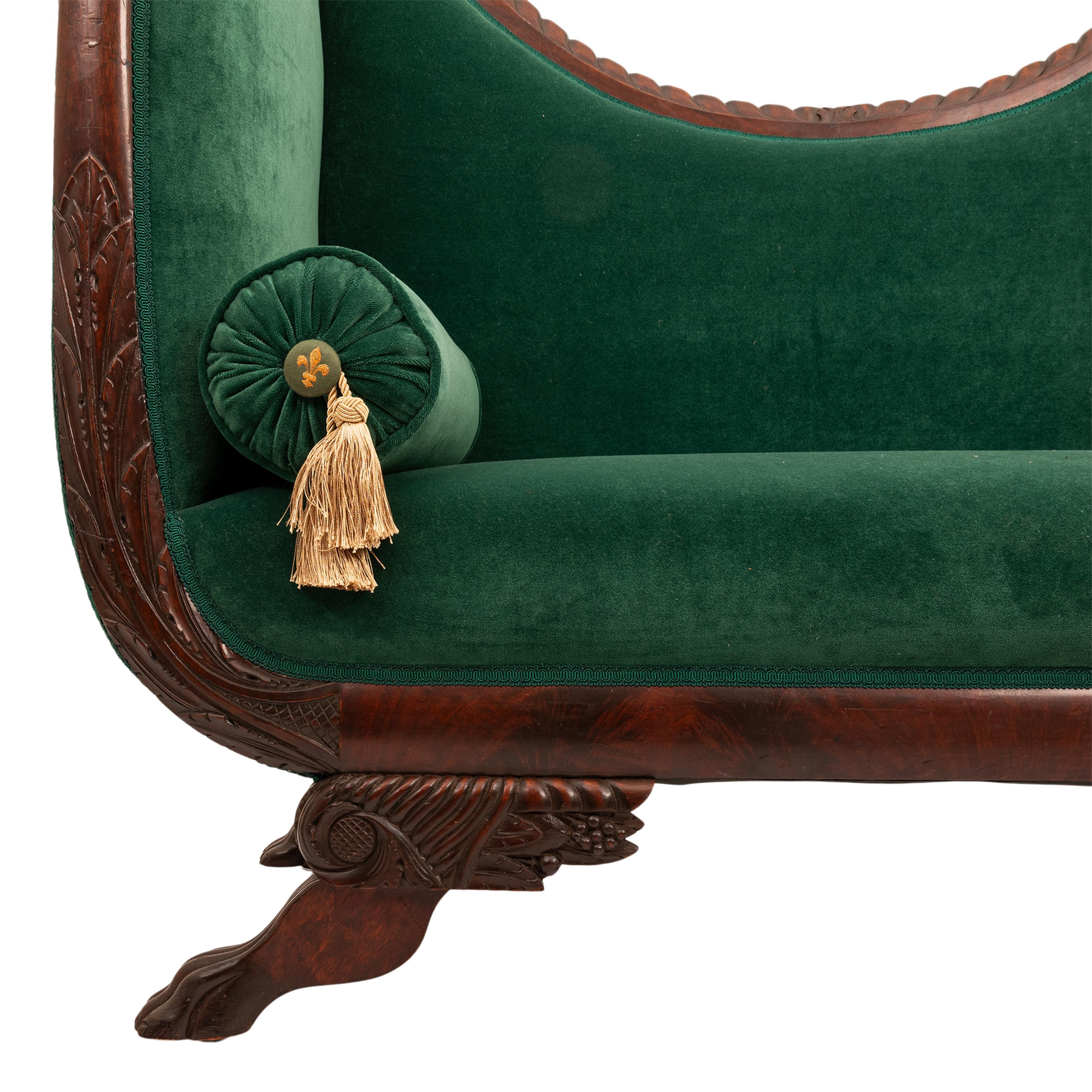 Velvet Antique American Federal Empire Carved Mahogany High Arm Back Sofa Loveseat 1815