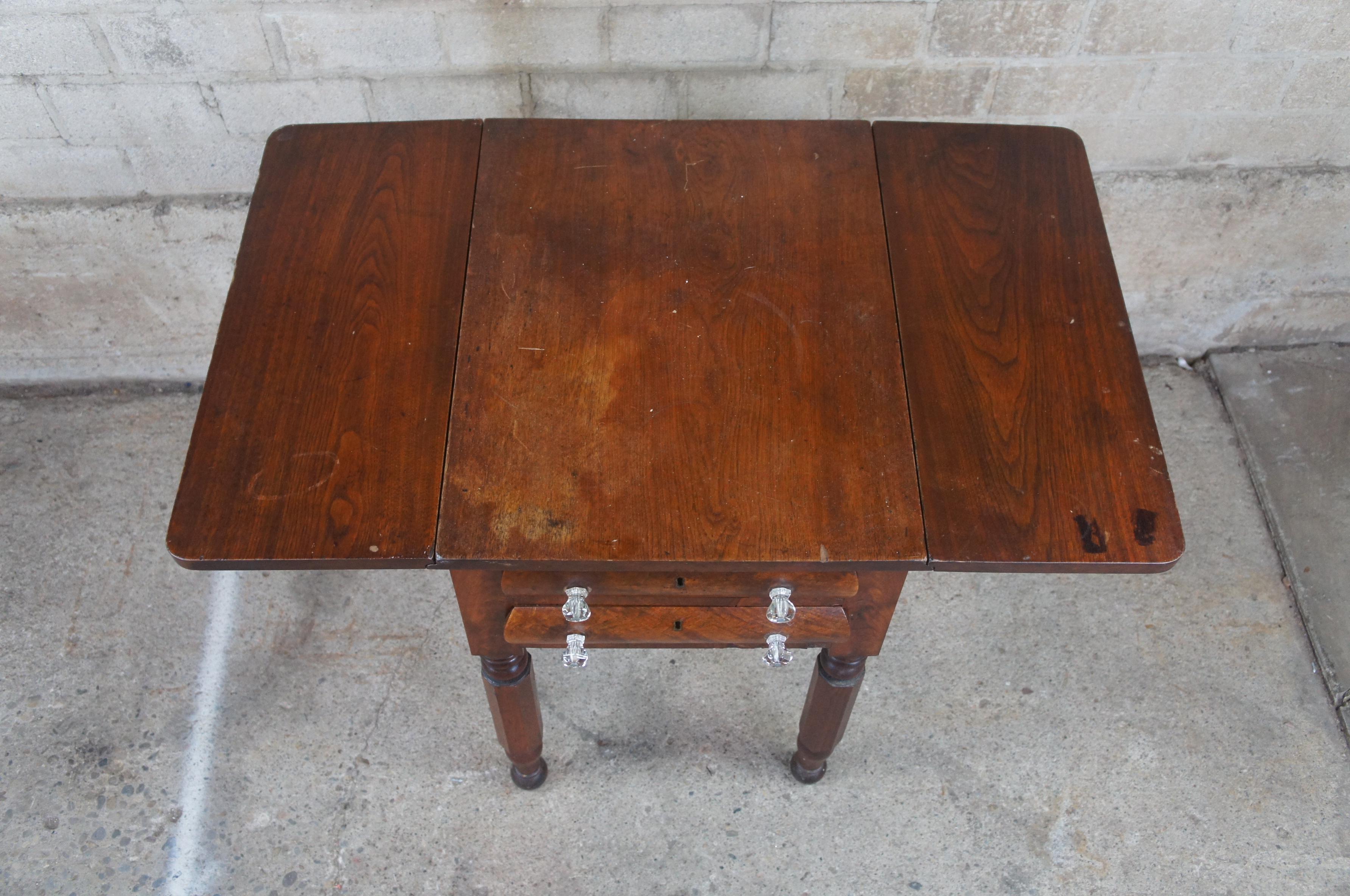 American Empire Antique American Federal Empire Mahogany Drop Leaf Side Table Nightstand Drawer