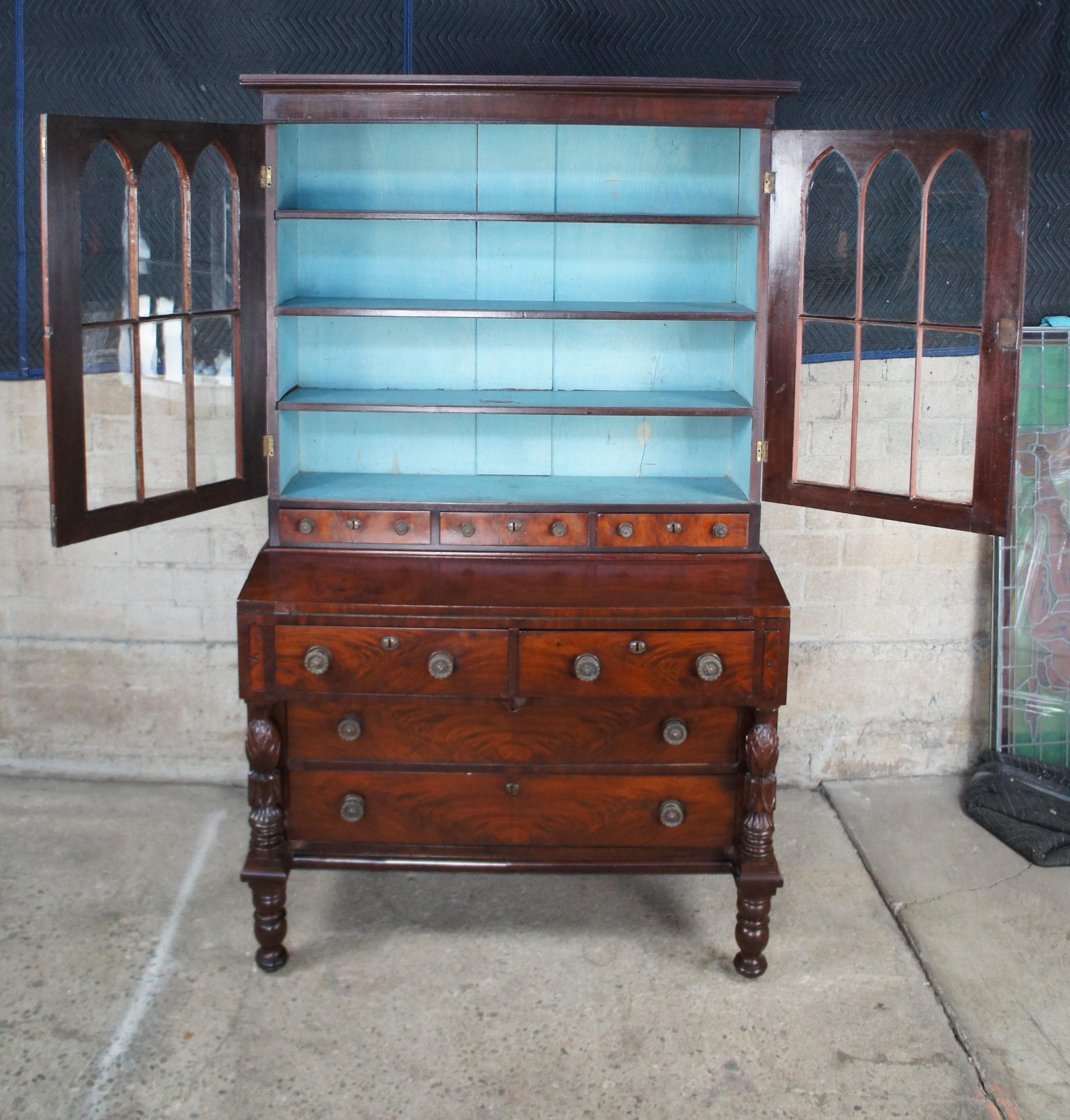 Antique American Federal Flame Mahogany Secretary Writing Desk Gothic Bookcase For Sale 7