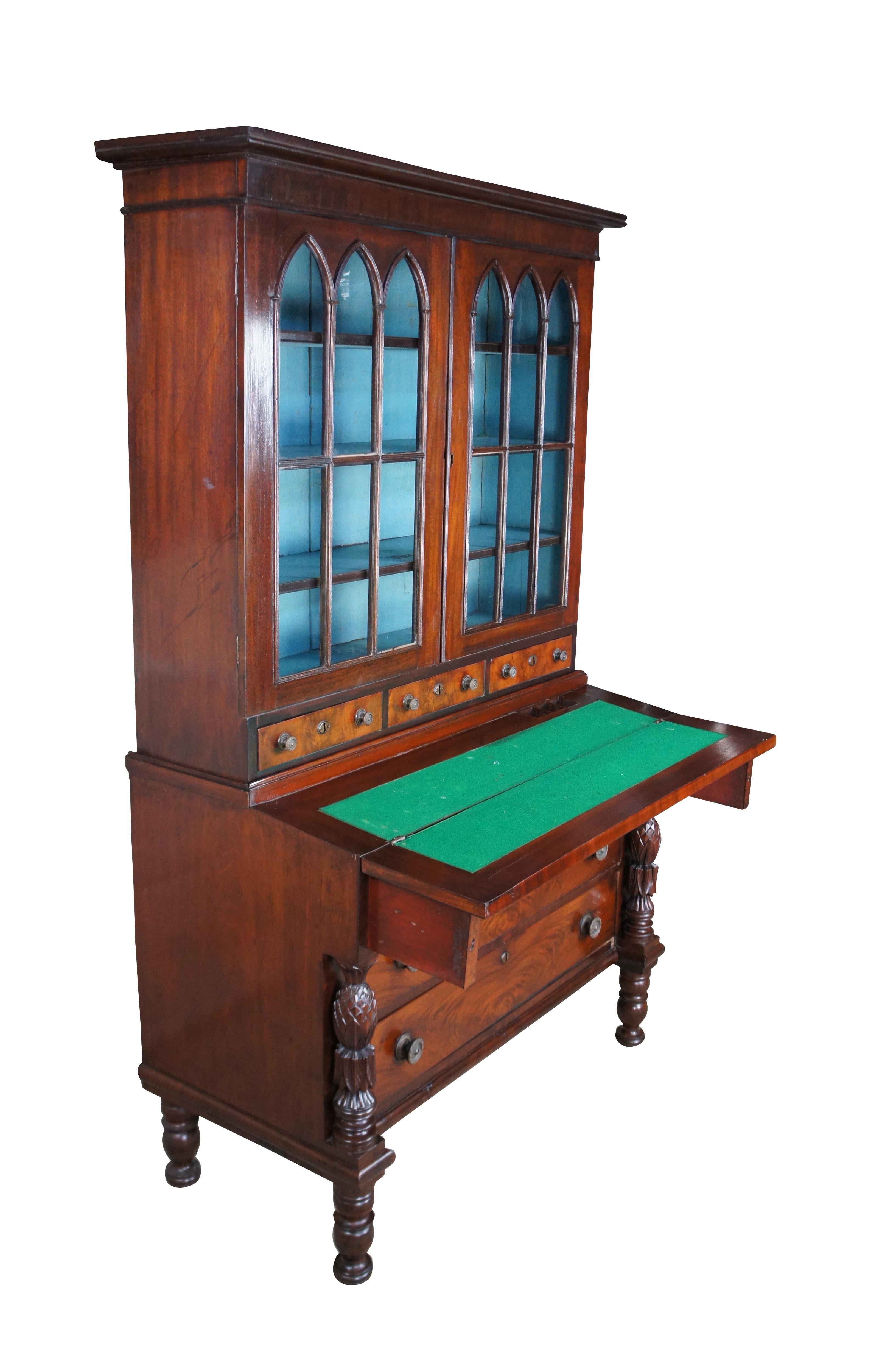 Antique American Federal Flame Mahogany Secretary Writing Desk Gothic Bookcase In Fair Condition For Sale In Dayton, OH