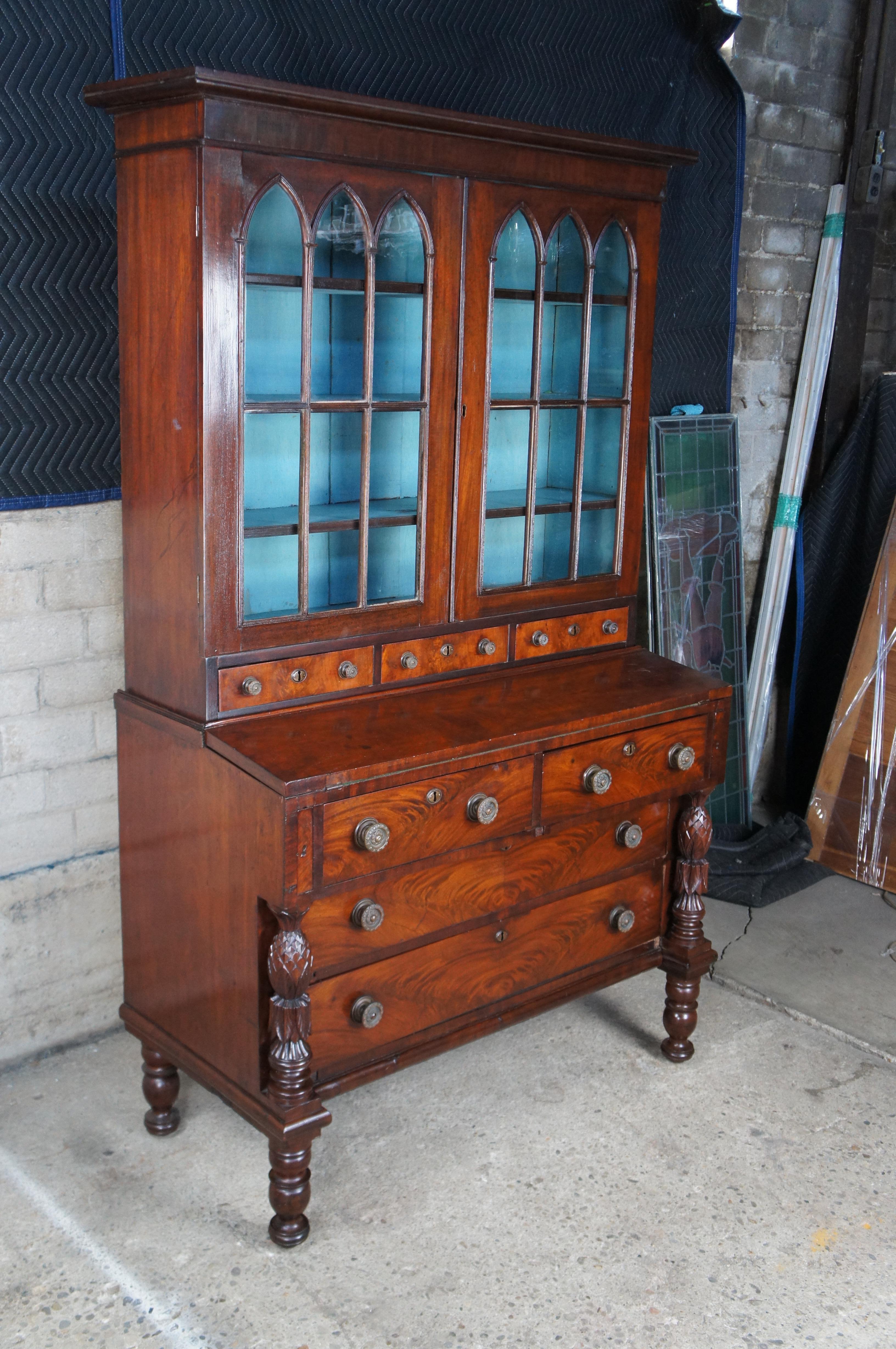 Antique American Federal Flame Mahogany Secretary Writing Desk Gothic Bookcase For Sale 1