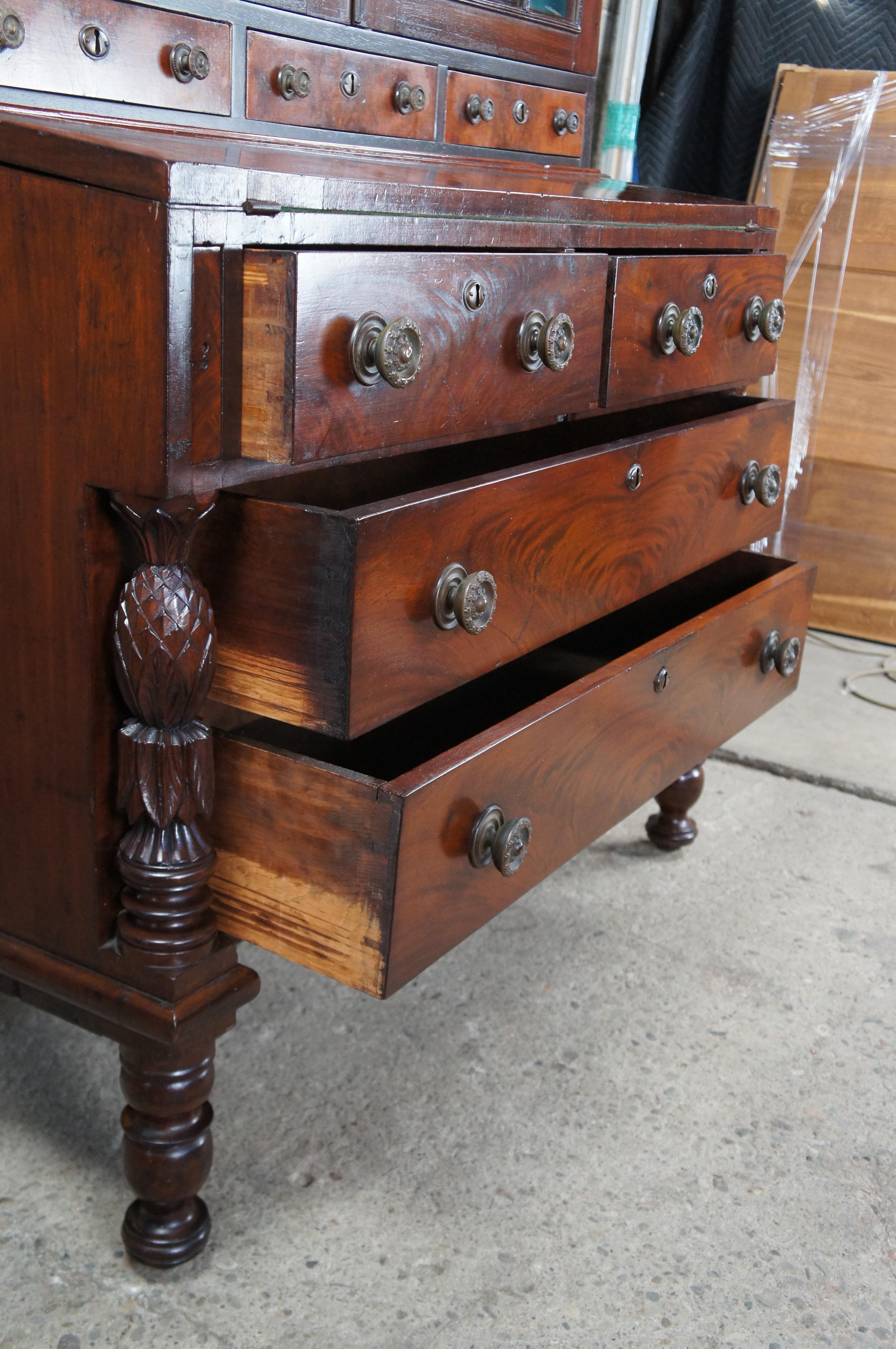 Antique American Federal Flame Mahogany Secretary Writing Desk Gothic Bookcase For Sale 3
