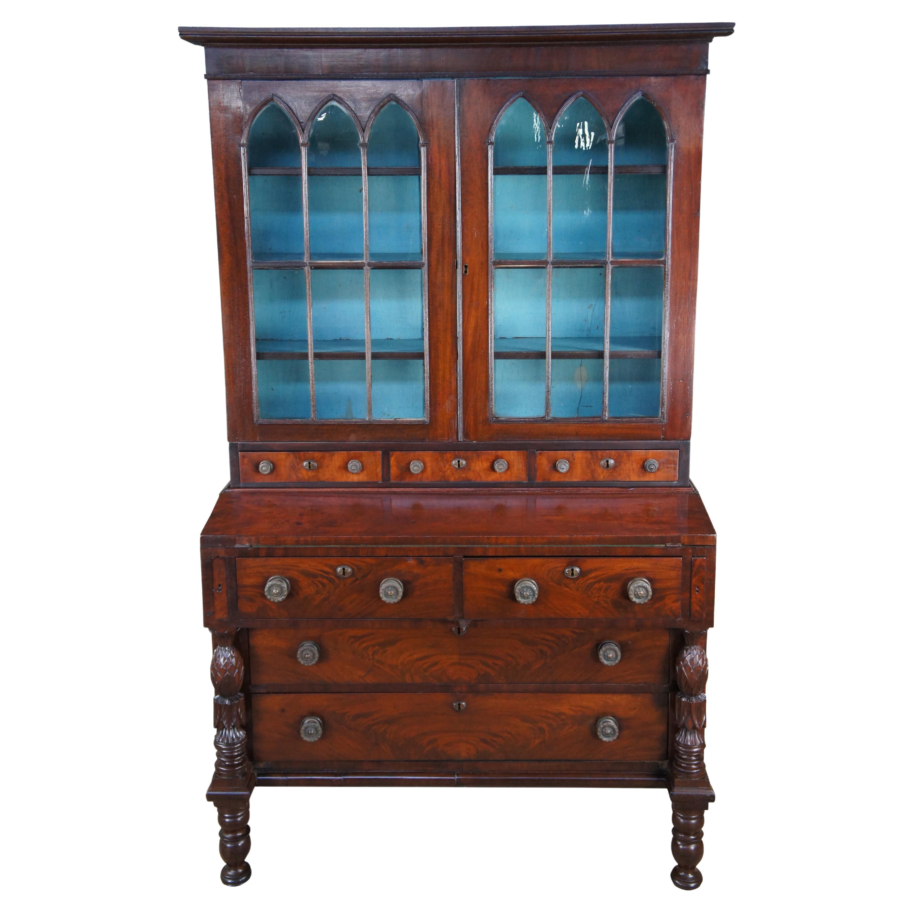 Antique American Federal Flame Mahogany Secretary Writing Desk Gothic Bookcase