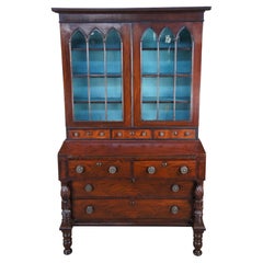 Antique American Federal Flame Mahogany Secretary Writing Desk Gothic Bookcase
