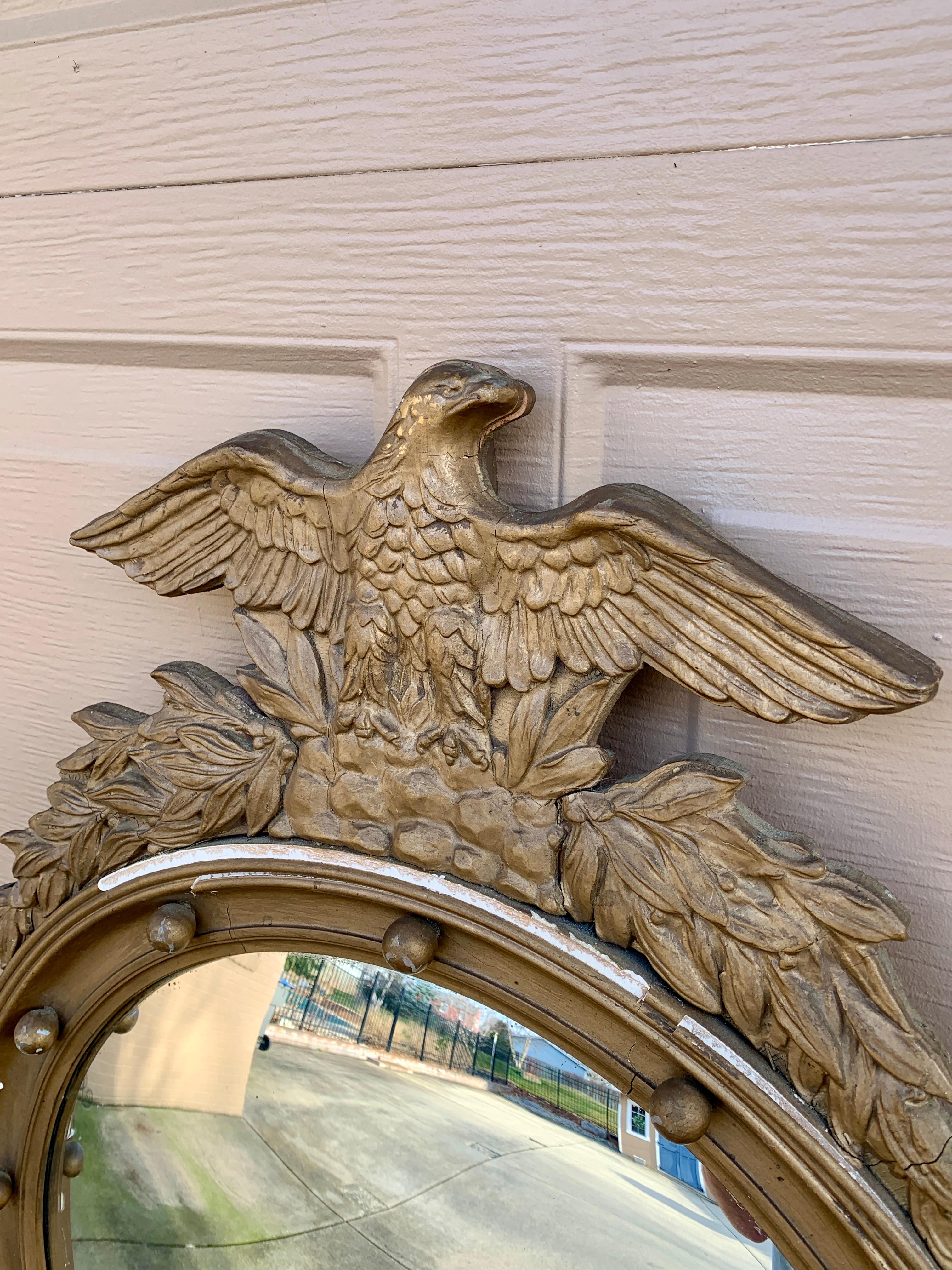 20th Century Antique American Federal Giltwood Eagle Bullseye Convex Mirror For Sale