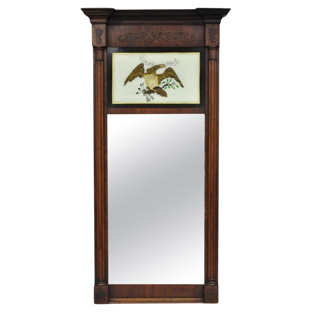 Antique Federal American Mahogany Reverse Painted Eagle Trumeau Wall Mirror