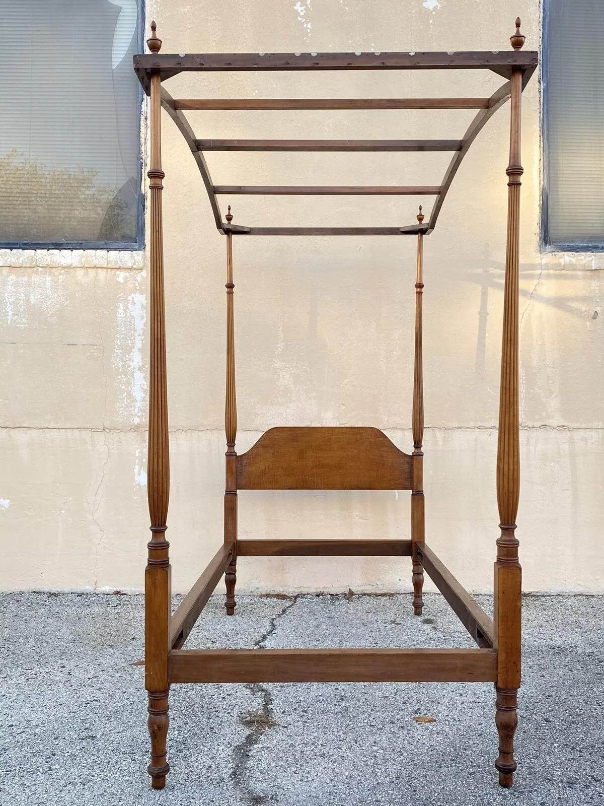 19th Century Antique American Federal Maple Wood Canopy Single Twin Poster Bed Frame For Sale