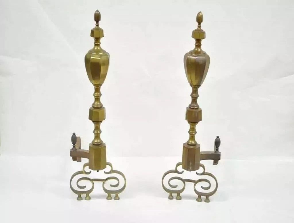 Antique American Federal Pointed Finial Brass Fireplace Andirons - a Pair For Sale 5