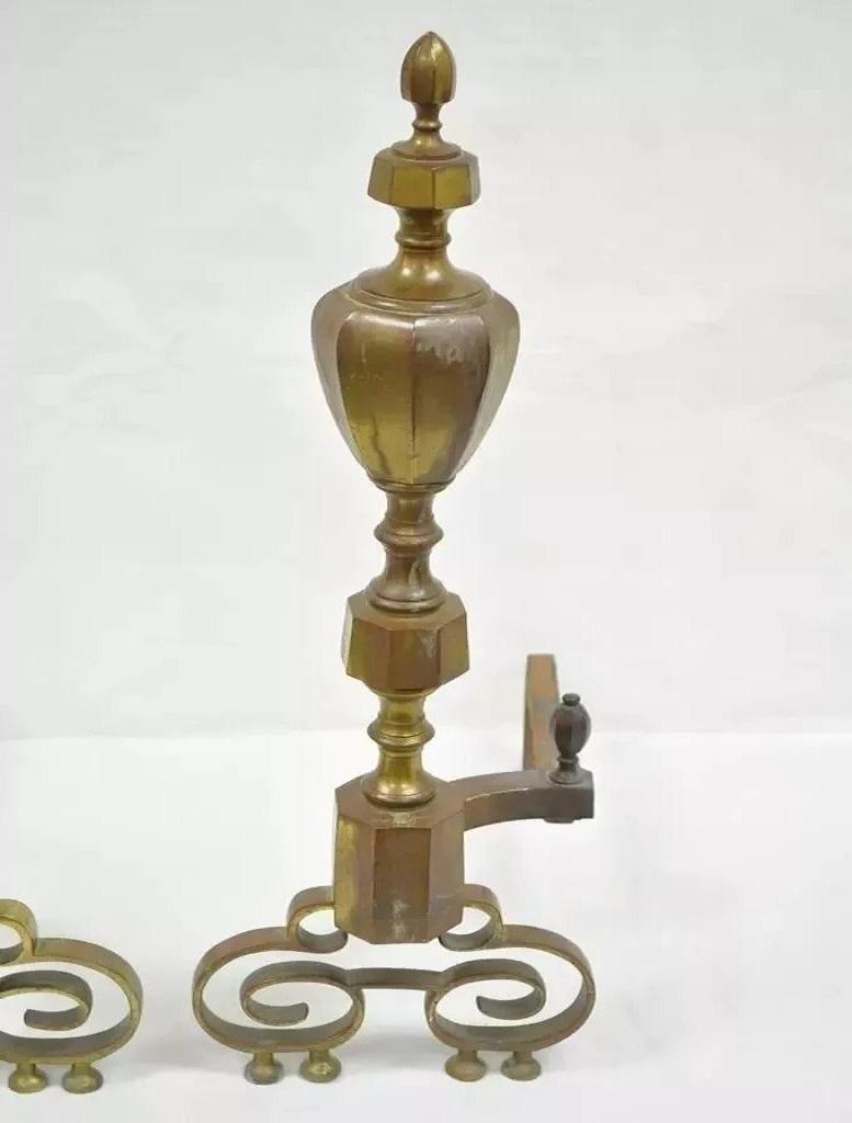 Antique American Federal Pointed Finial Brass Fireplace Andirons - a Pair. Item features solid brass and cast iron construction, and remarkable patina. Circa 19th Century. Measurements: 26