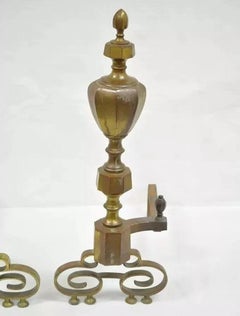 Antique American Federal Pointed Finial Brass Fireplace Andirons - a Pair