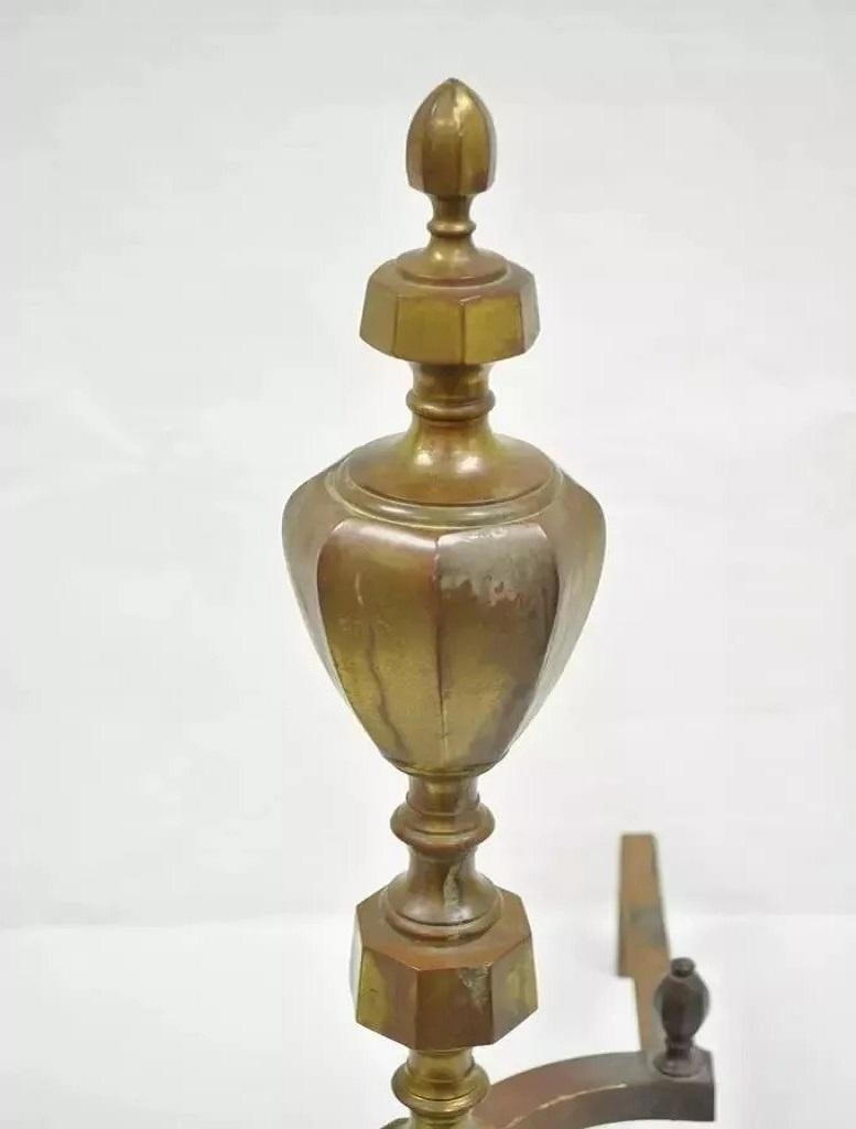 19th Century Antique American Federal Pointed Finial Brass Fireplace Andirons - a Pair For Sale