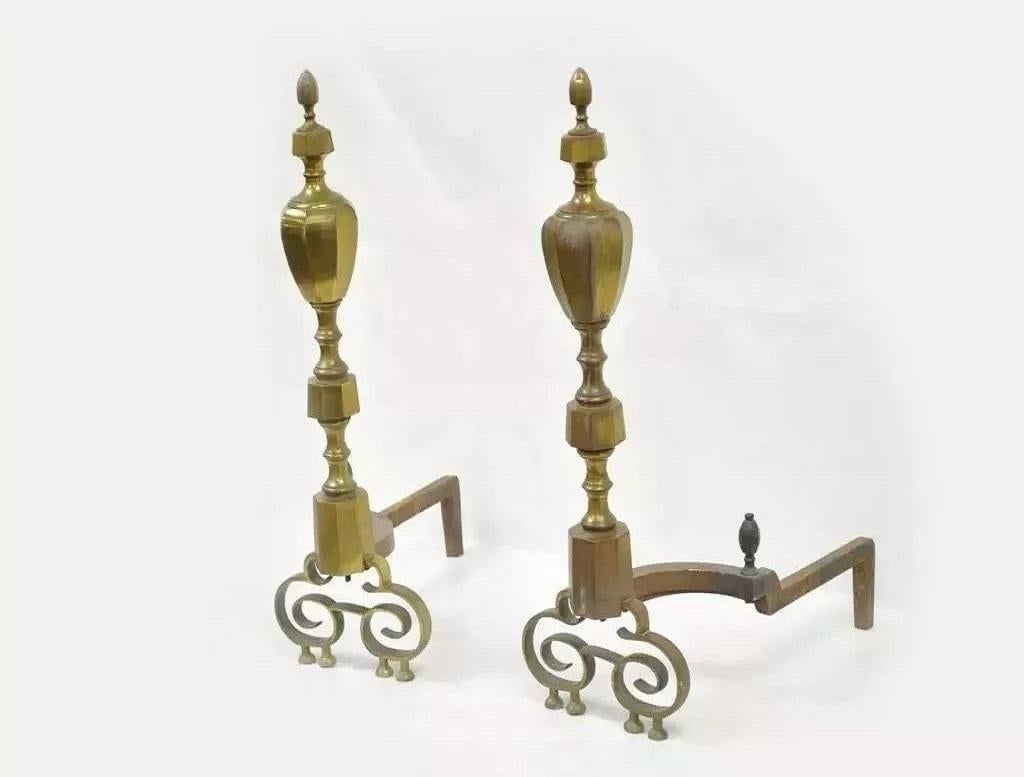 Antique American Federal Pointed Finial Brass Fireplace Andirons - a Pair For Sale 2