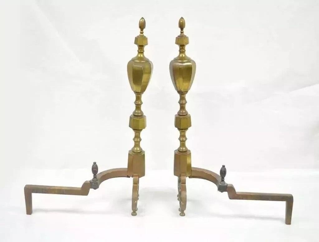 Antique American Federal Pointed Finial Brass Fireplace Andirons - a Pair For Sale 4