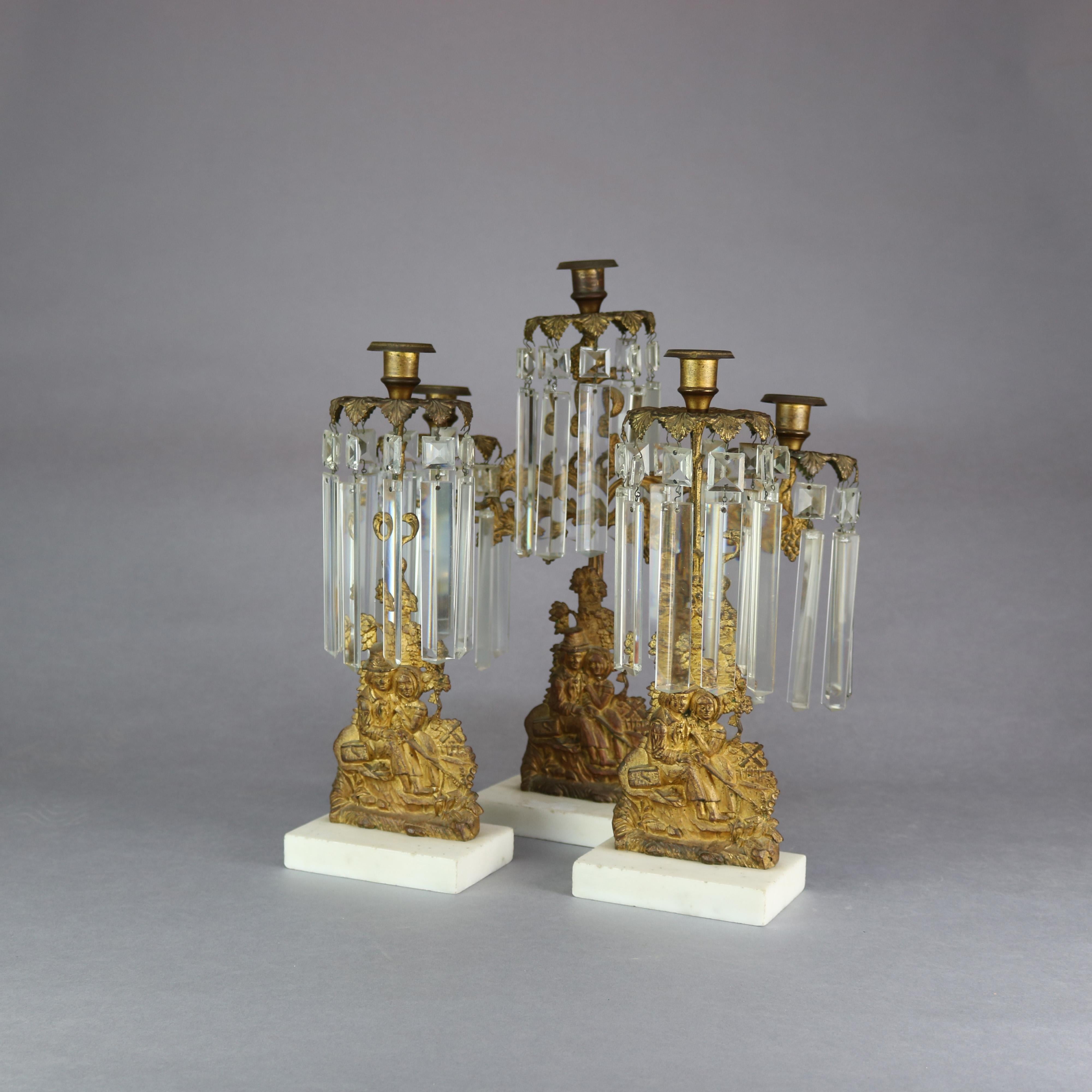 Antique American Figural Brass & Marble Mantel Girandolles Set, c1860 For Sale 5