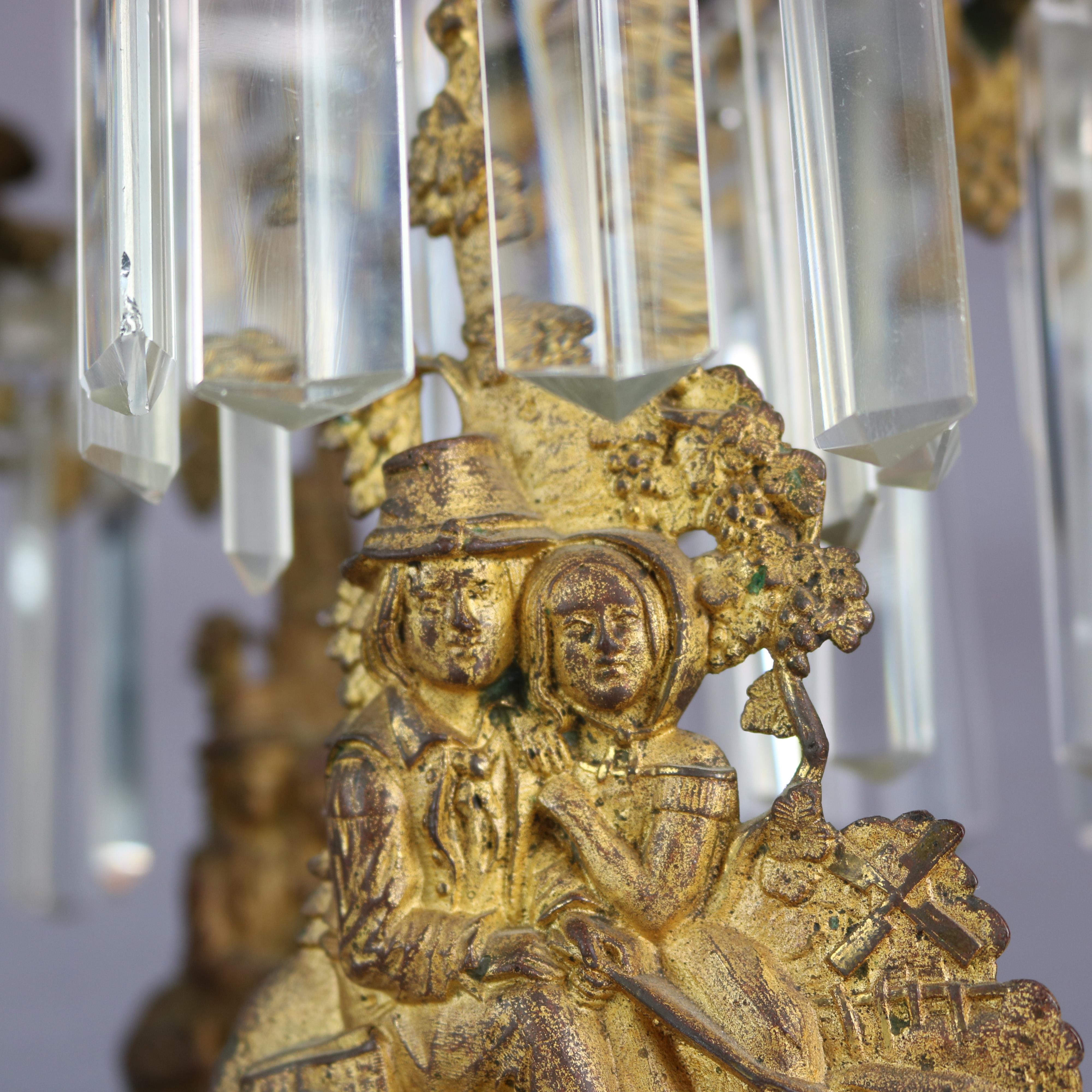 Cast Antique American Figural Brass & Marble Mantel Girandolles Set, c1860 For Sale
