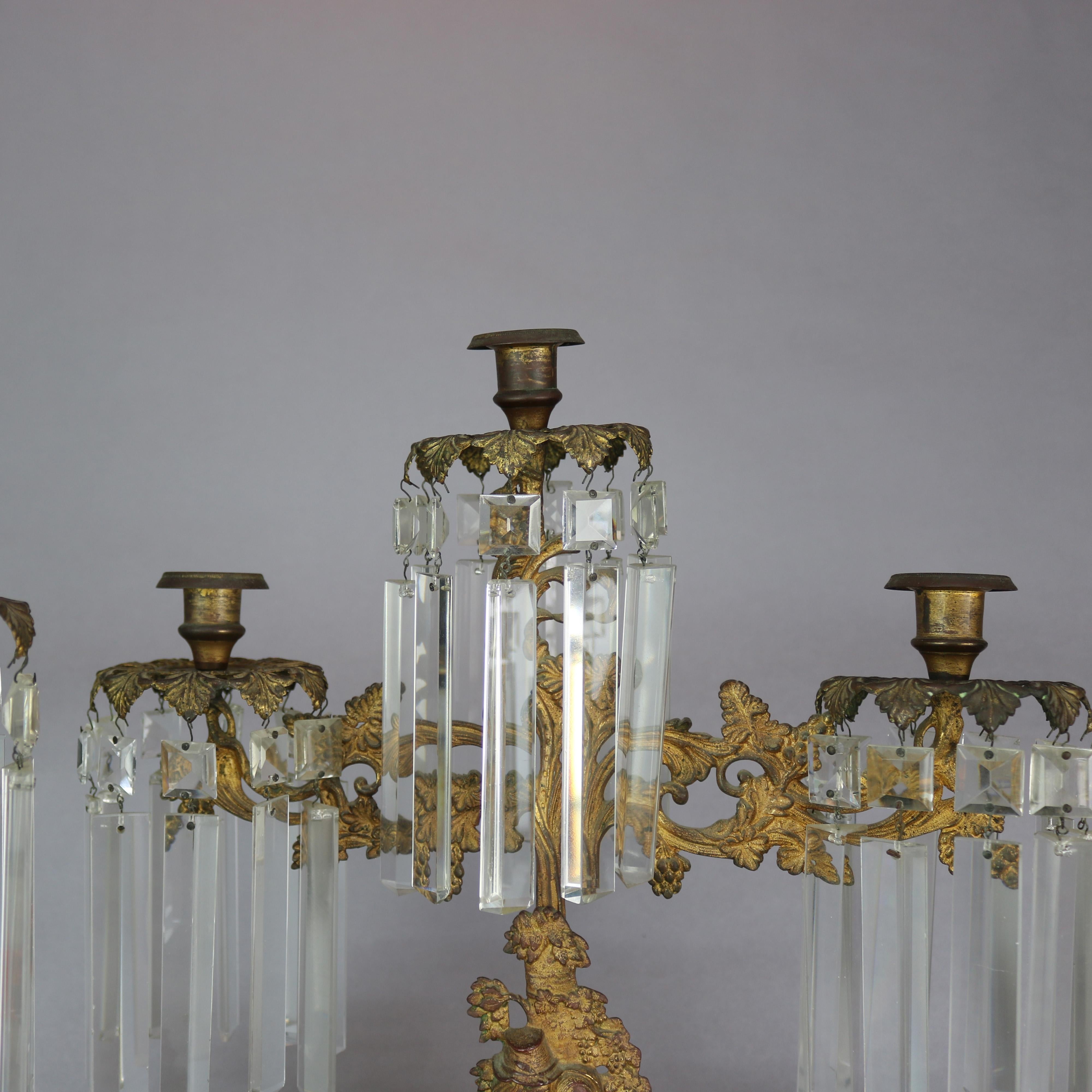 19th Century Antique American Figural Brass & Marble Mantel Girandolles Set, c1860 For Sale