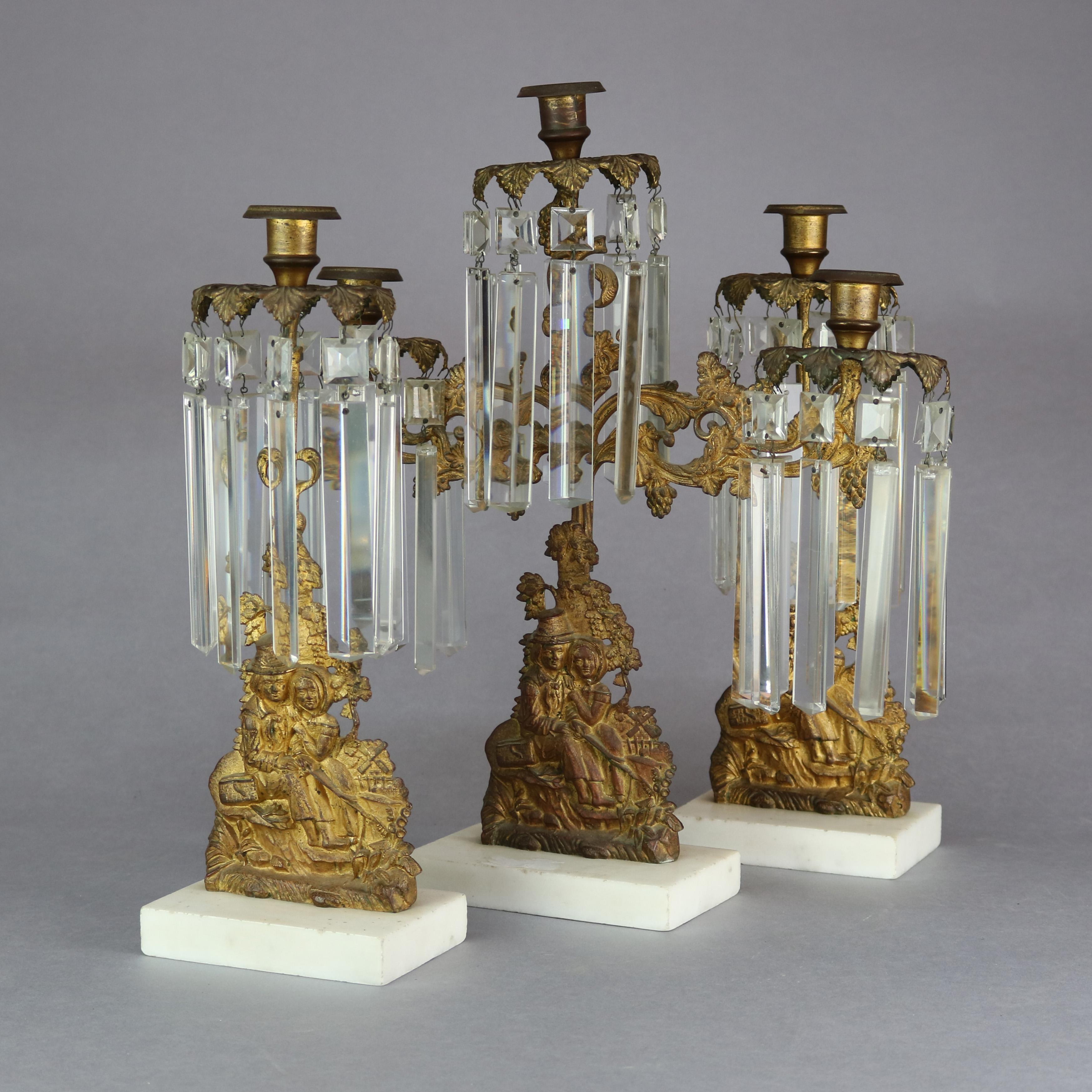 Antique American Figural Brass & Marble Mantel Girandolles Set, c1860 For Sale 4